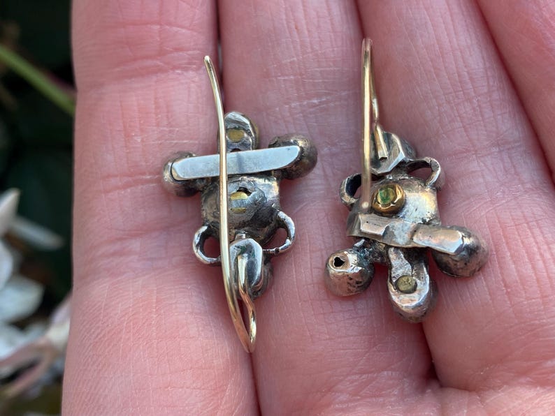 Antique Georgian Austrio-Hungarian Mini Girandole Drop Earrings with a Saltwater Pearl and Flat-Cut Foiled Garnets in Silver and 14k Gold