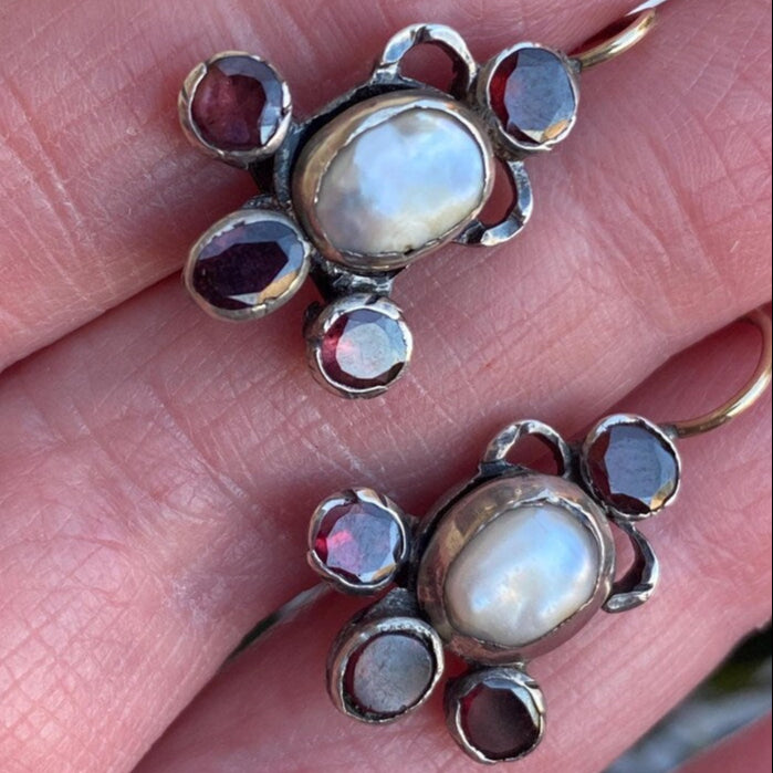 Antique Georgian Austrio-Hungarian Mini Girandole Drop Earrings with a Saltwater Pearl and Flat-Cut Foiled Garnets in Silver and 14k Gold