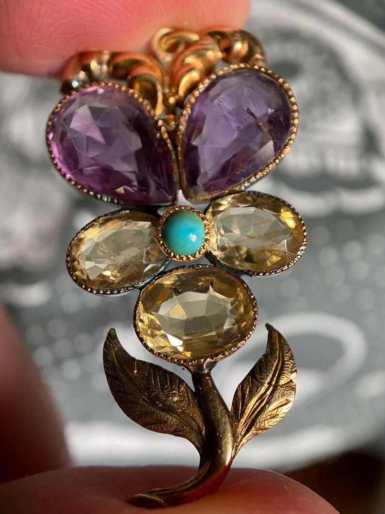 Antique Late Georgian Amethyst, Citrine & Turquoise Pansy Pendant with 14k Stem and Leaves, Sentimental, Flower, Early Victorian, 1800’s