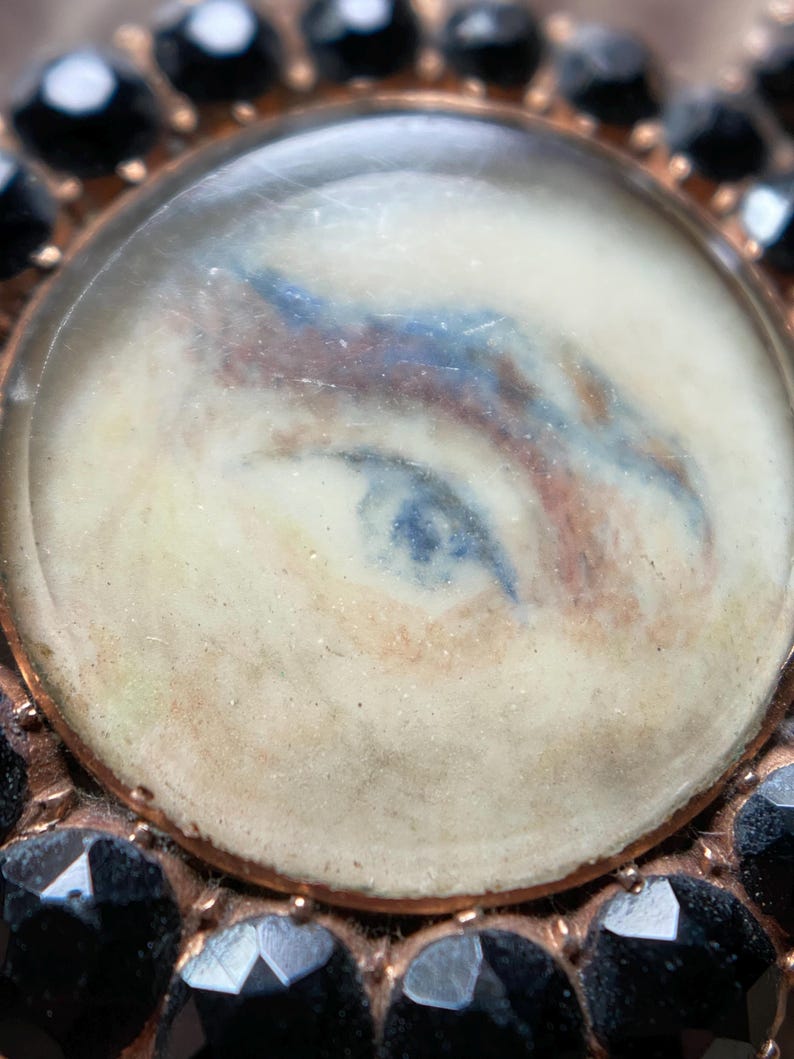 Antique Georgian Male Lover's Eye Pendant with Faceted Graduated Onyx Halo in 10k Rose Gold & Hair Locket to the Reverse, Sentimental, 1800s