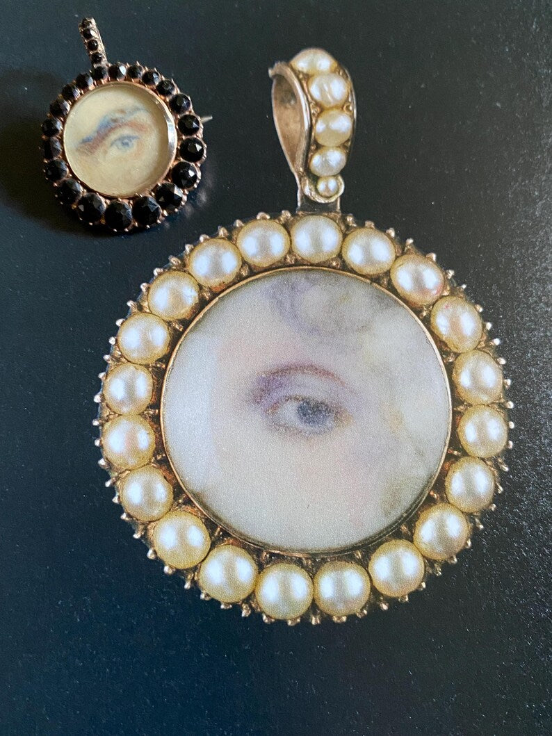 Antique Georgian Male Lover's Eye Pendant with Faceted Graduated Onyx Halo in 10k Rose Gold & Hair Locket to the Reverse, Sentimental, 1800s