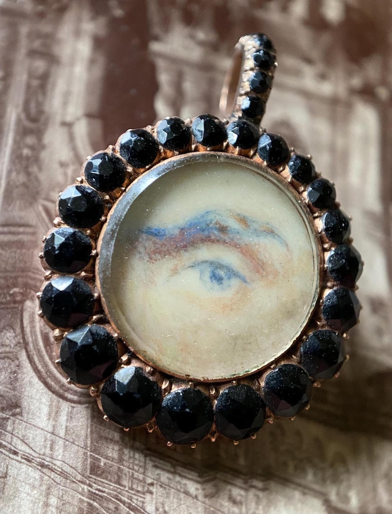 Antique Georgian Male Lover's Eye Pendant with Faceted Graduated Onyx Halo in 10k Rose Gold & Hair Locket to the Reverse, Sentimental, 1800s