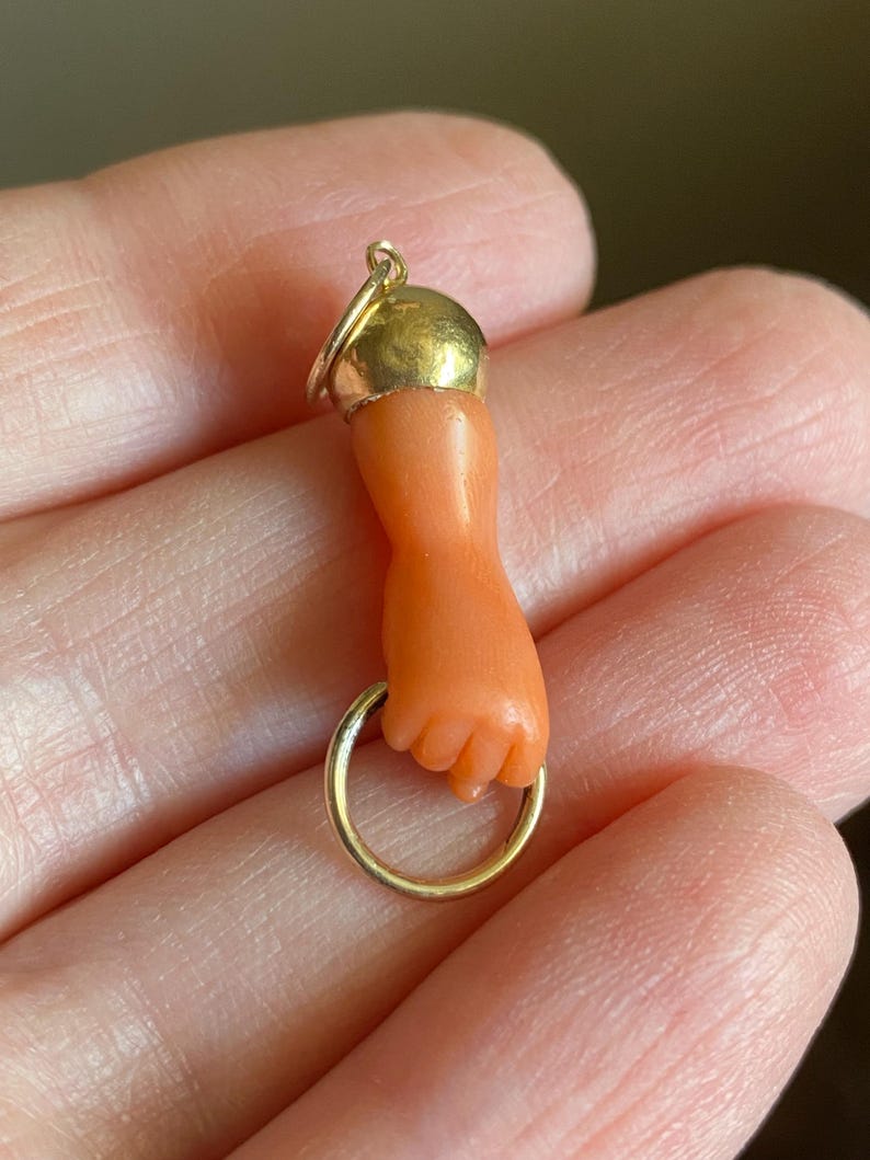 Antique Victorian Salmon Pink Mano Figa Fist Pendant w/ Articulated Charm Connector Capped in 18k Gold, Hand, Good Luck, Grand Tour, Evil Eye