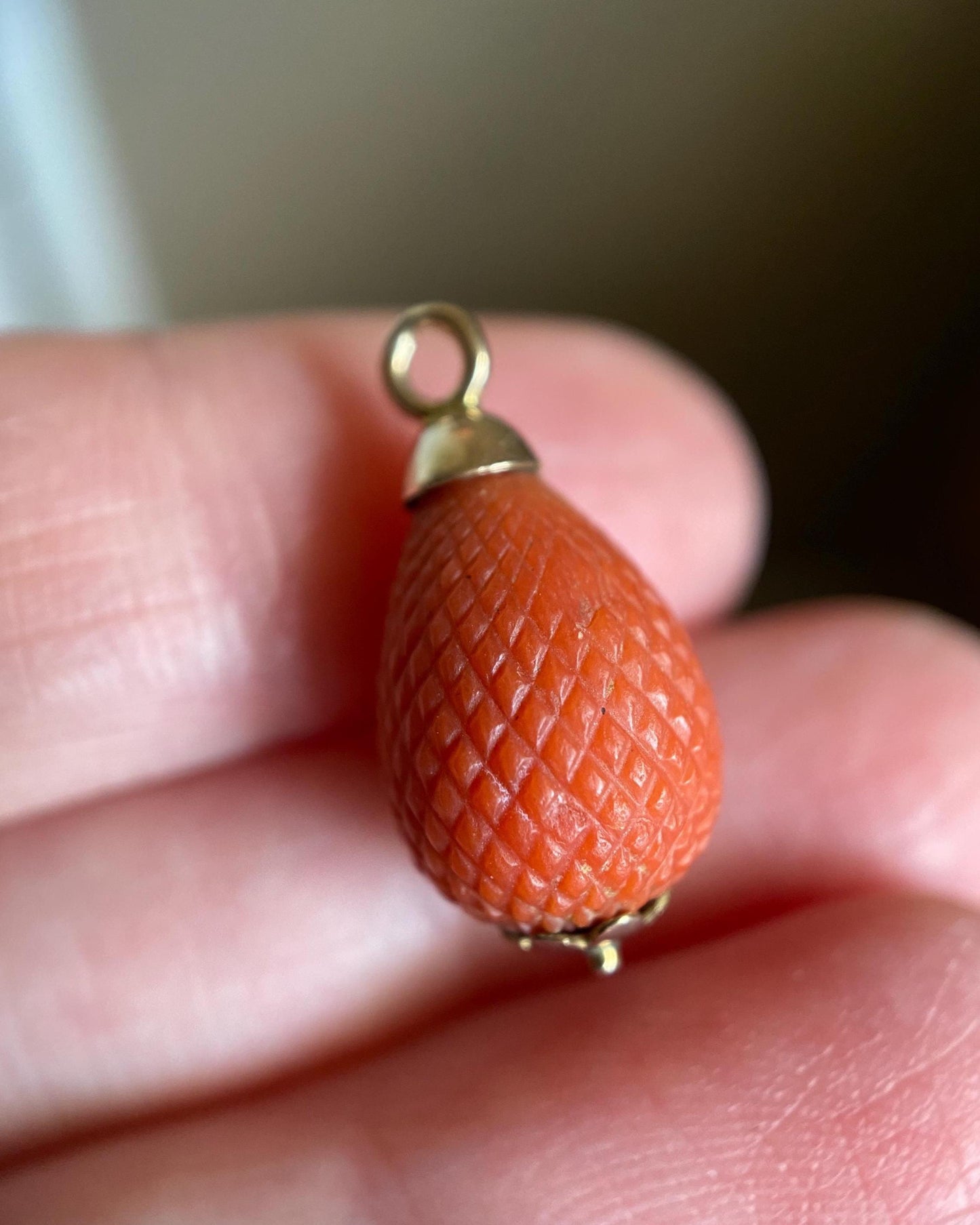 Antique Georgian Carved Orange Coral Hand Cut Crosshatched Pineapple Charm in 14k Gold c. 1800, Pendant, Necklace, Teardrop, Fruit, Novelty