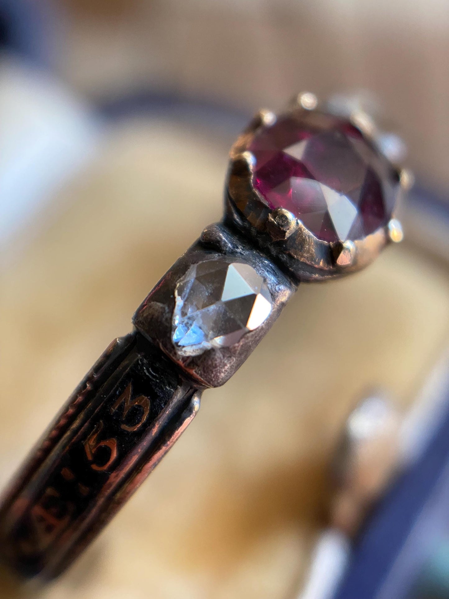 Antique Georgian Garnet, Rose-Cut Diamonds and Black Enamel Bejeweled Thin Mourning Band c. 1767 in 18k Gold & Silver, Collet Set, 18th Century