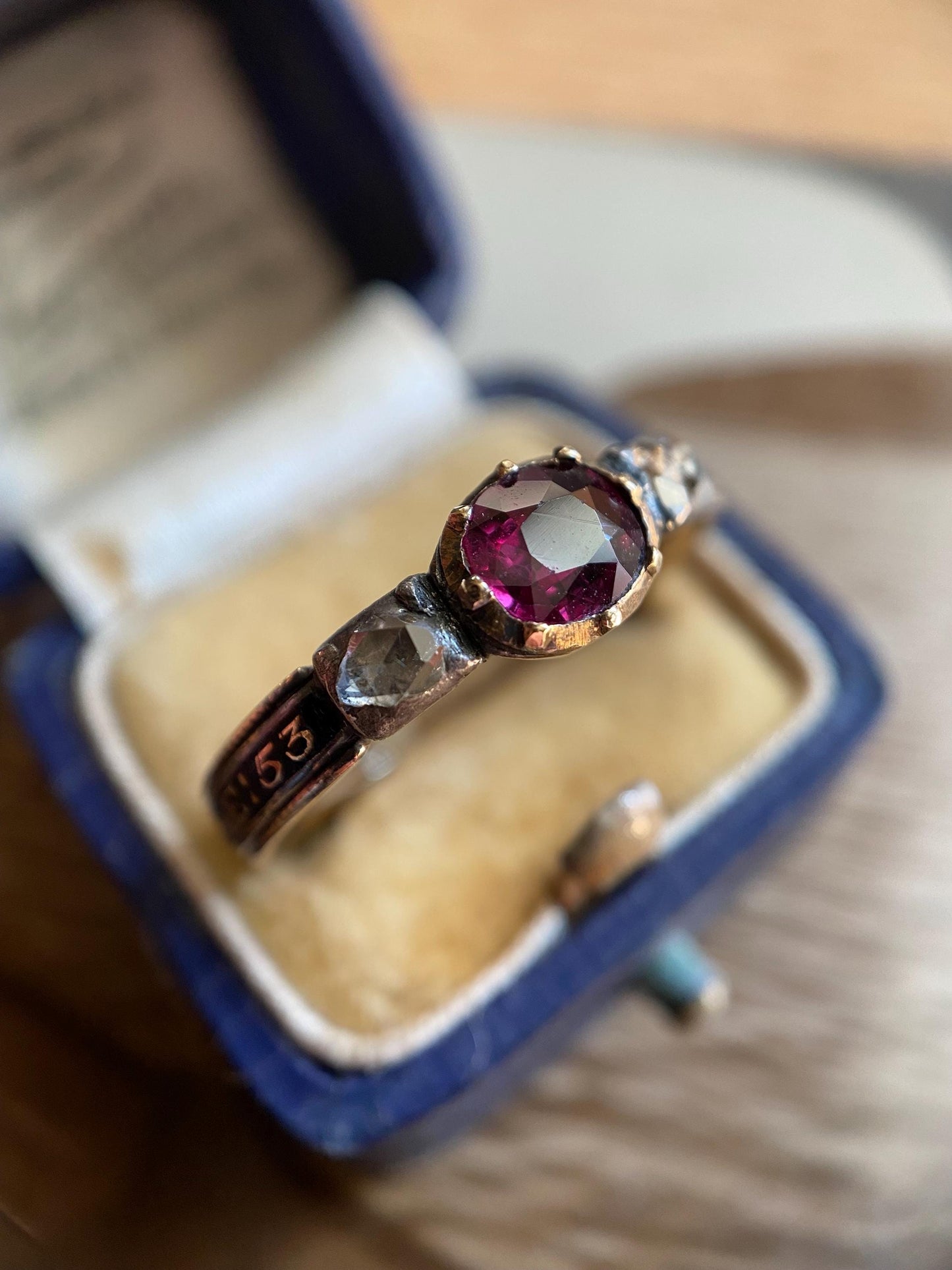 Antique Georgian Garnet, Rose-Cut Diamonds and Black Enamel Bejeweled Thin Mourning Band c. 1767 in 18k Gold & Silver, Collet Set, 18th Century
