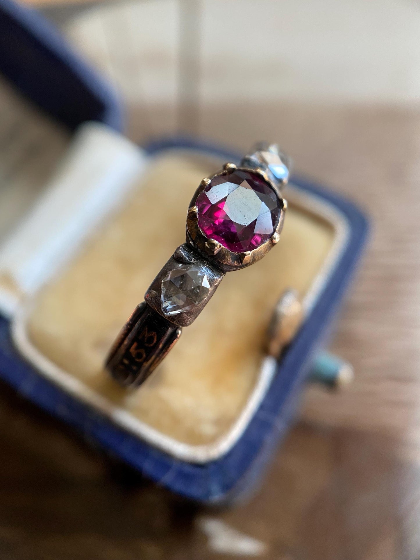 Antique Georgian Garnet, Rose-Cut Diamonds and Black Enamel Bejeweled Thin Mourning Band c. 1767 in 18k Gold & Silver, Collet Set, 18th Century