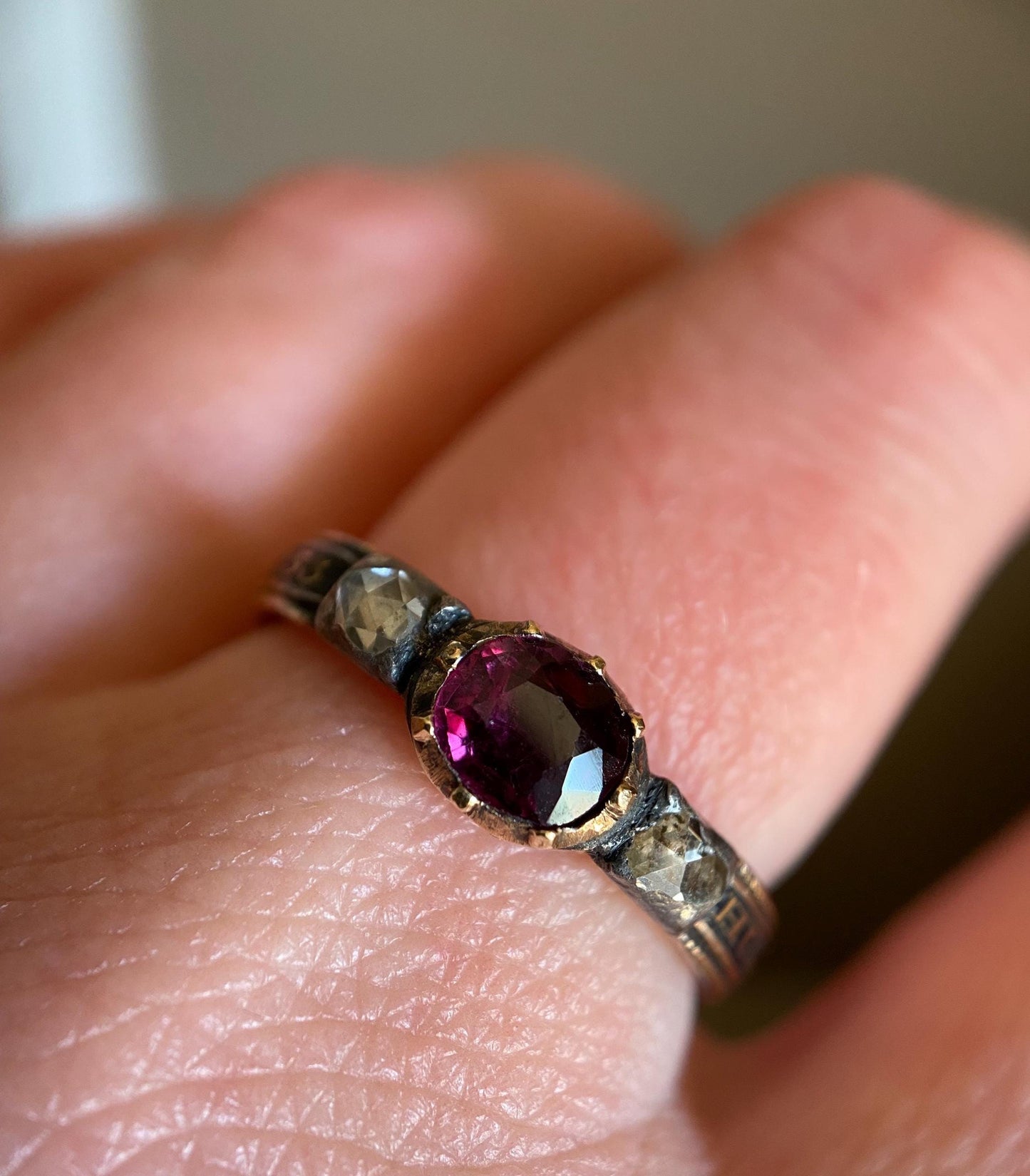 Antique Georgian Garnet, Rose-Cut Diamonds and Black Enamel Bejeweled Thin Mourning Band c. 1767 in 18k Gold & Silver, Collet Set, 18th Century