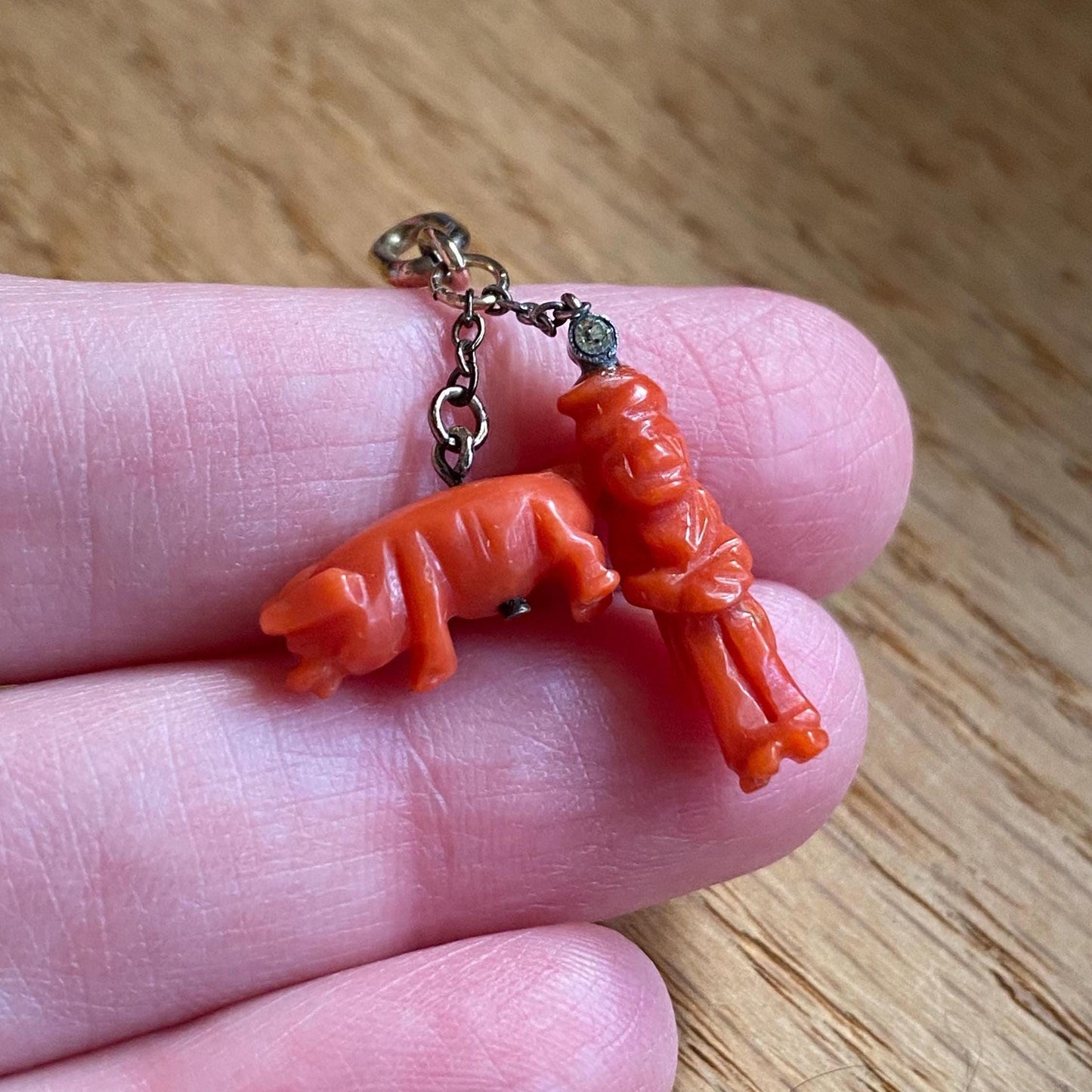 Antique Victorian Carved Coral Good Luck Charm Duo with Pig, Il Gobbo & Tiny Round Gem in Silver and 14k Gold, Hunchback, Grand Tour, Pendant, Italian