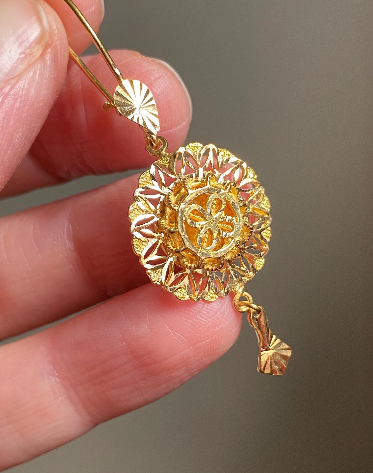 Vintage Turkish High Karat Pierced Circular Floral Lace Dangle Earrings in 22k Gold, Drop, Chandelier, Estate, Filigree, Ornate, Fringe