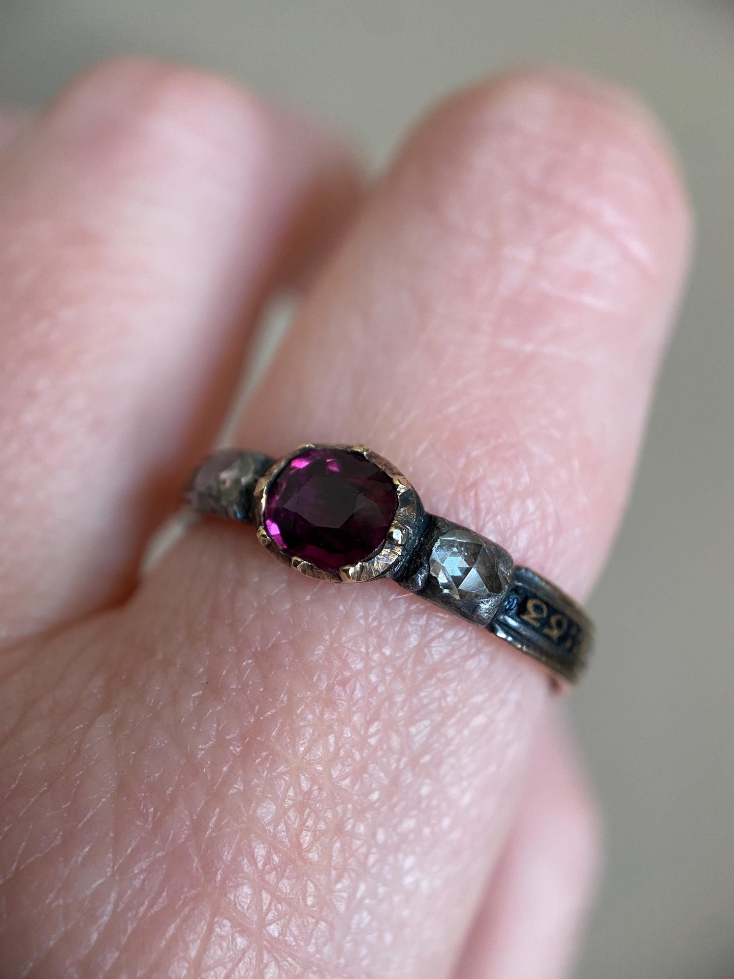 Antique Georgian Garnet, Rose-Cut Diamonds and Black Enamel Bejeweled Thin Mourning Band c. 1767 in 18k Gold & Silver, Collet Set, 18th Century