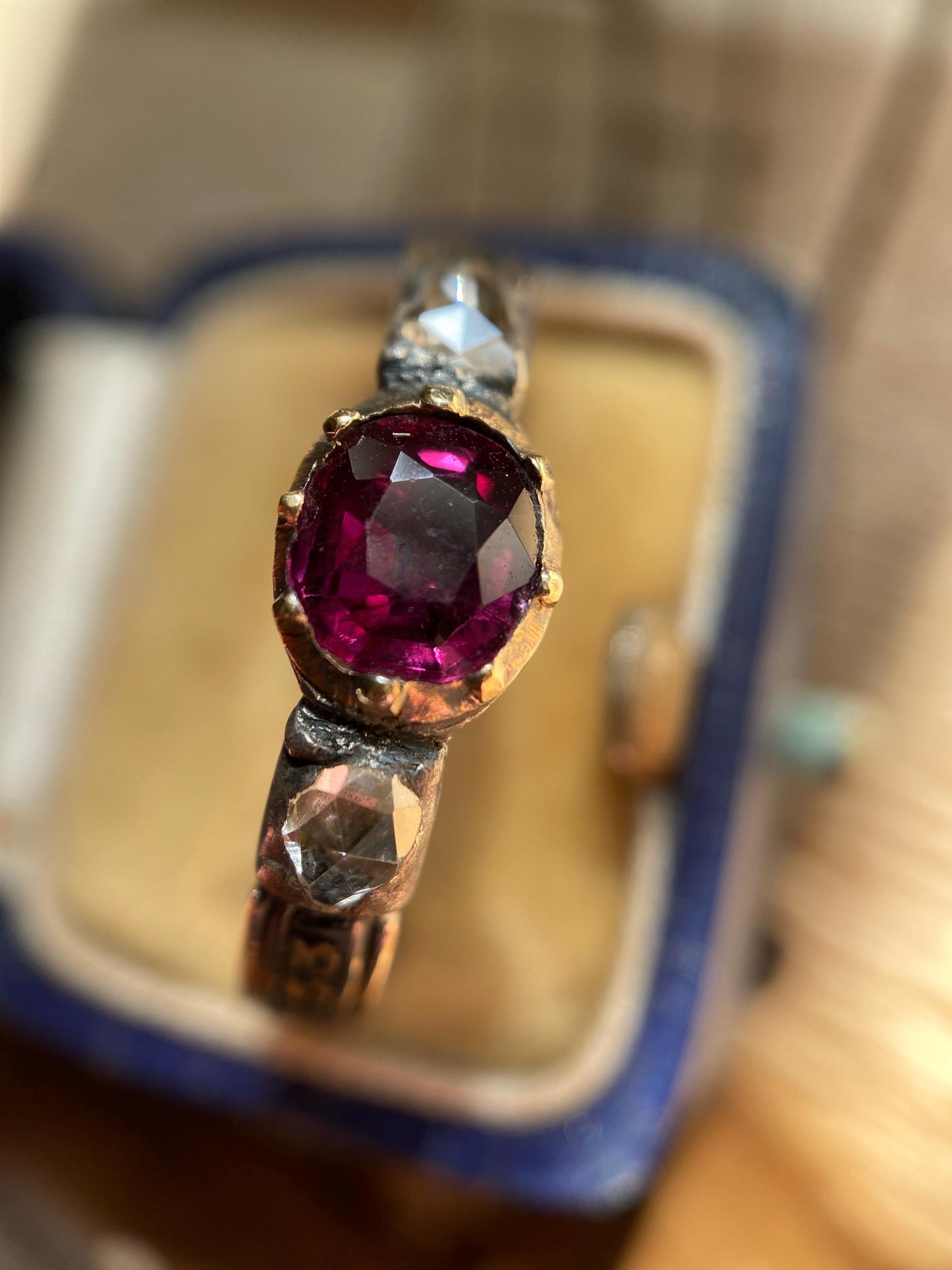 Antique Georgian Garnet, Rose-Cut Diamonds and Black Enamel Bejeweled Thin Mourning Band c. 1767 in 18k Gold & Silver, Collet Set, 18th Century