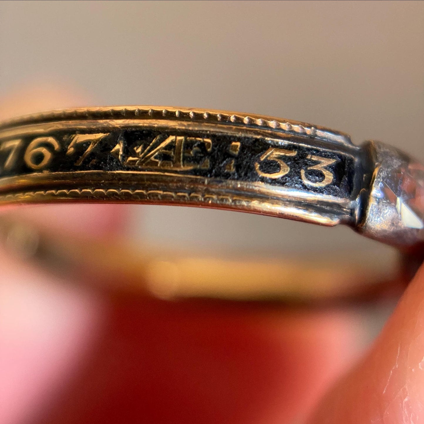 Antique Georgian Garnet, Rose-Cut Diamonds and Black Enamel Bejeweled Thin Mourning Band c. 1767 in 18k Gold & Silver, Collet Set, 18th Century