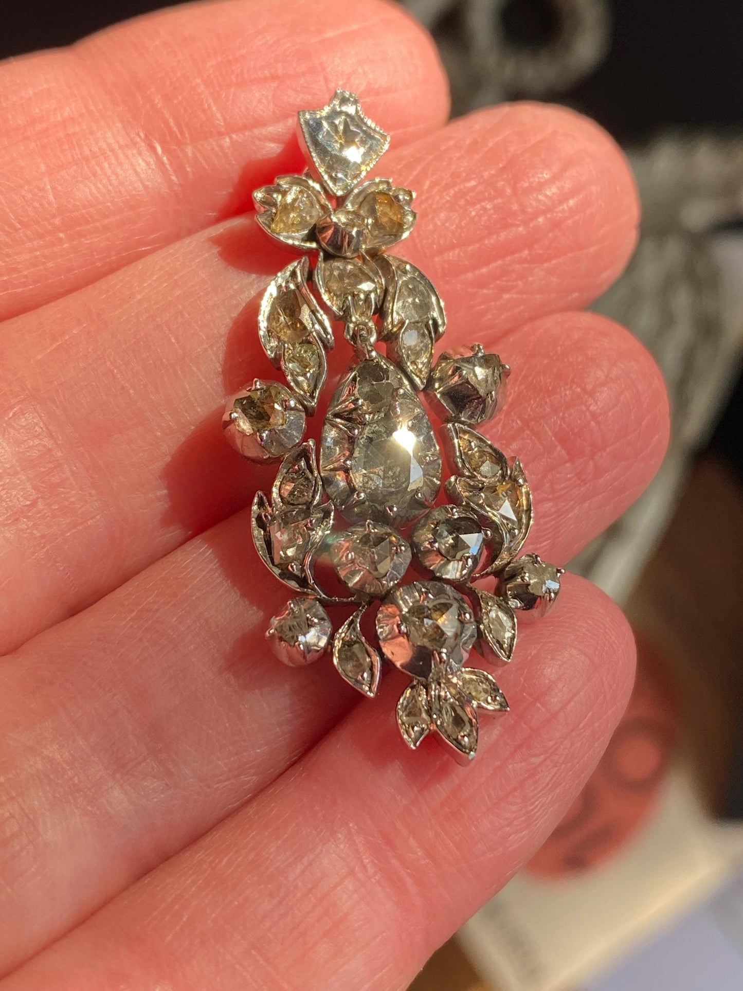 Antique Georgian 18th Century Rose Cut Diamond Articulated Long Chandelier Drop Pendant in Silver, Dangle, 1700s, Necklace, Collet Set