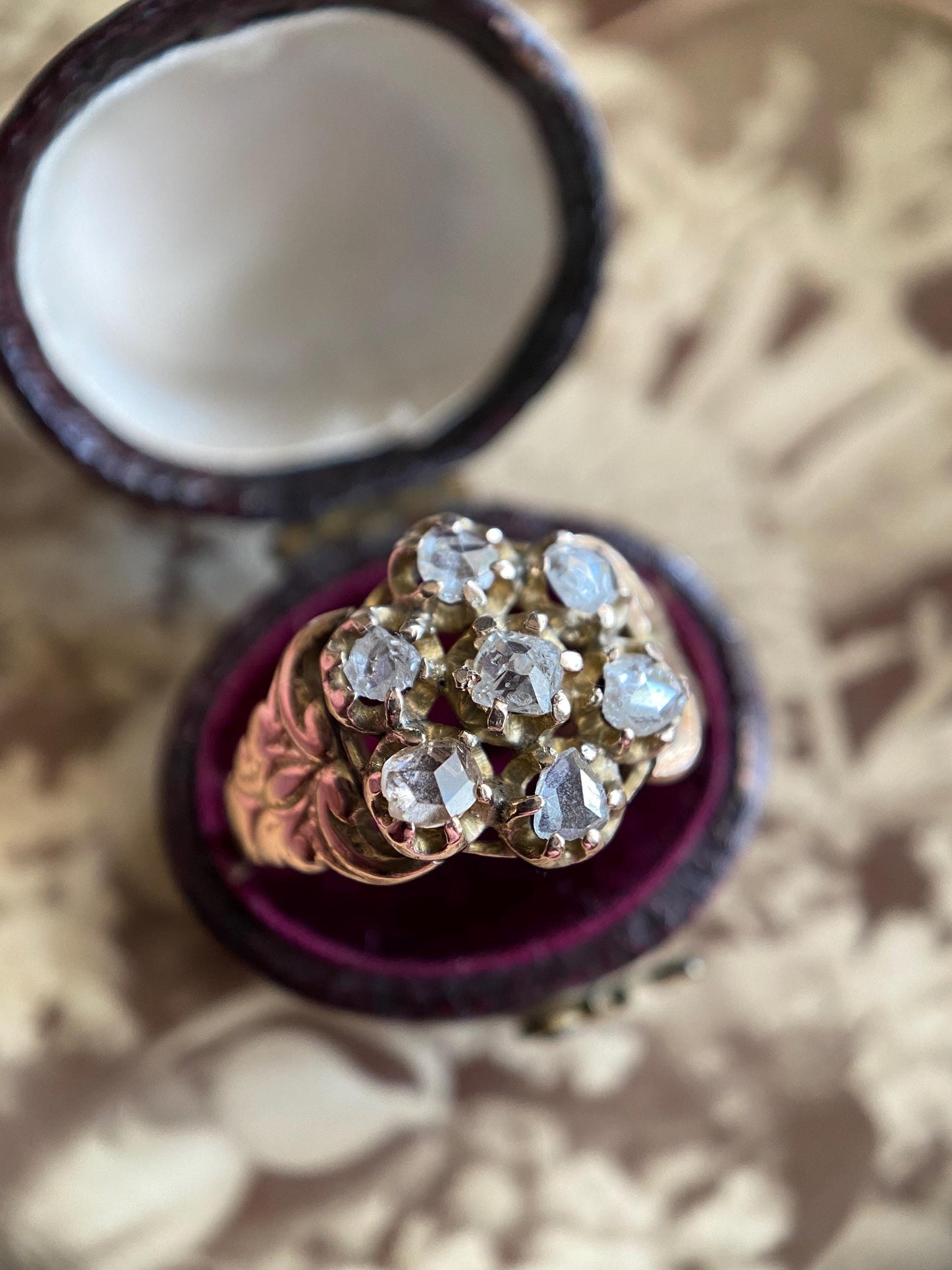 Antique Early Victorian Old Cut Diamond Seven Stone Daisy Ring with Wide Ornate Curling Shoulders 10k Gold c. 1850, Flower, Pansy, Georgian