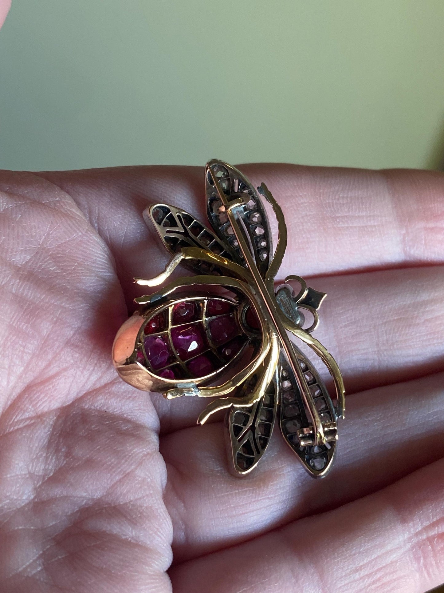 Antique Victorian Bejeweled Bee Brooch with Diamonds, Rubies and Spinel in Silver and Gold c. 1890, Insect, Bug, Pin, Connector, Extender