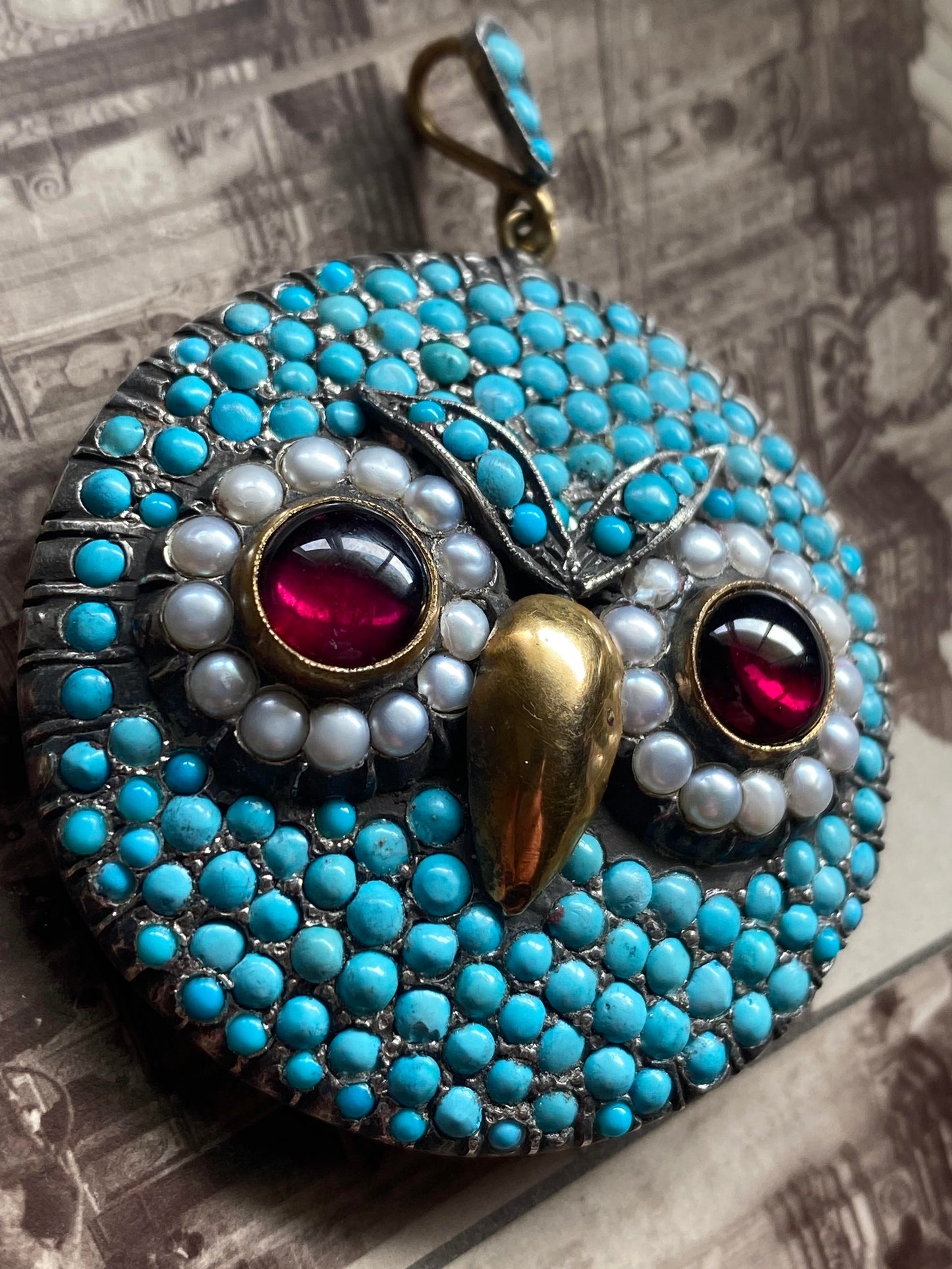 Antique Late Georgian/Early Victorian Tuquoise Pave Owl Pendant with Garnet & Pearl Eyes in Silver and 18k Gold, Figural, Animal