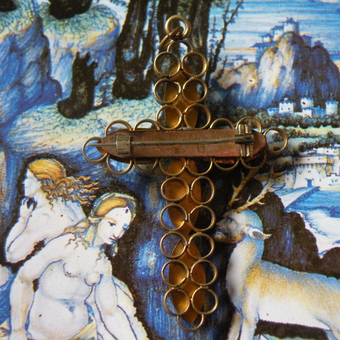 Victorian Iridescent Sky Blue Enamel Cross Pendant with Floral Motifs and Brooch Fitting in Gold Tone, 1800's, Religious, Gothic, Devotional