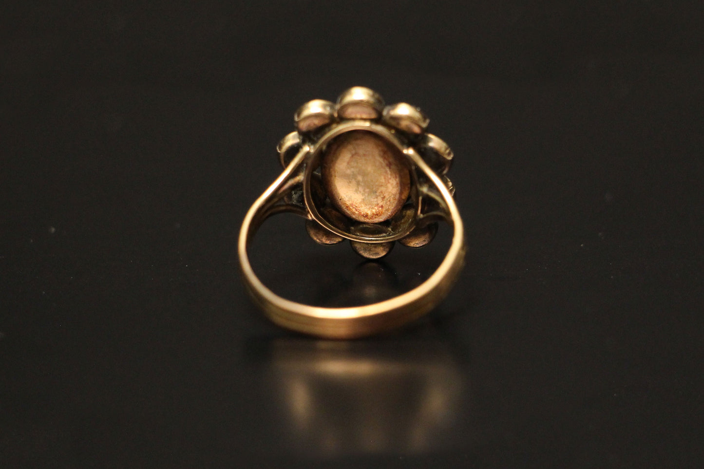 Antique Georgian Flat Cut Garnet & Marcasite Double Halo Cluster Ring in 9k Gold c. 1800, Target, 1800's, Oval, Round, Foiled, Close Backed