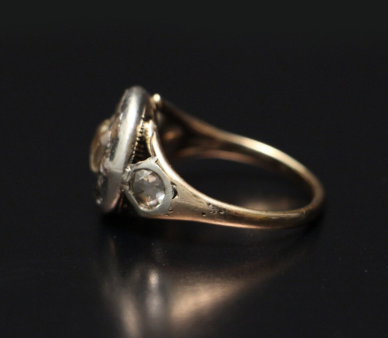 Antique Georgian Foiled Rose Cut Diamond Cluster Ring with Floral Engraved Verso in Silver & 14k Gold c. 1790, Target, Flower, 1700's