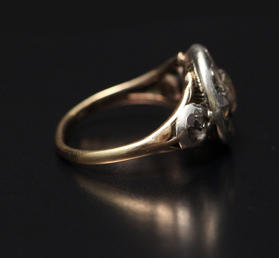 Antique Georgian Foiled Rose Cut Diamond Cluster Ring with Floral Engraved Verso in Silver & 14k Gold c. 1790, Target, Flower, 1700's