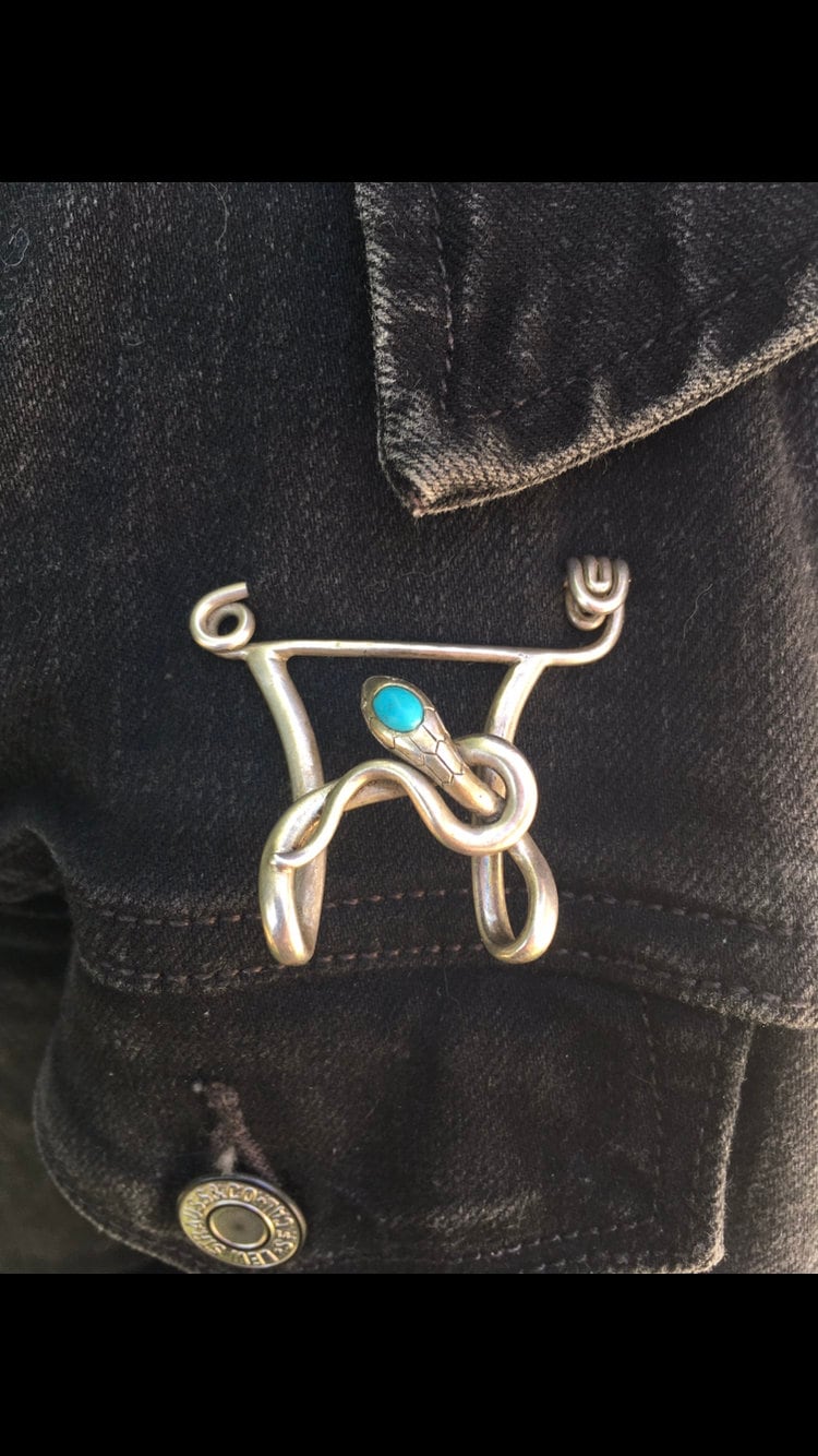 Antique Victorian Silver and Turquoise Coiled Snake Bar Brooch, Safety Pin, Serpent, Pendant, Charm Holder, Extender, 1800's