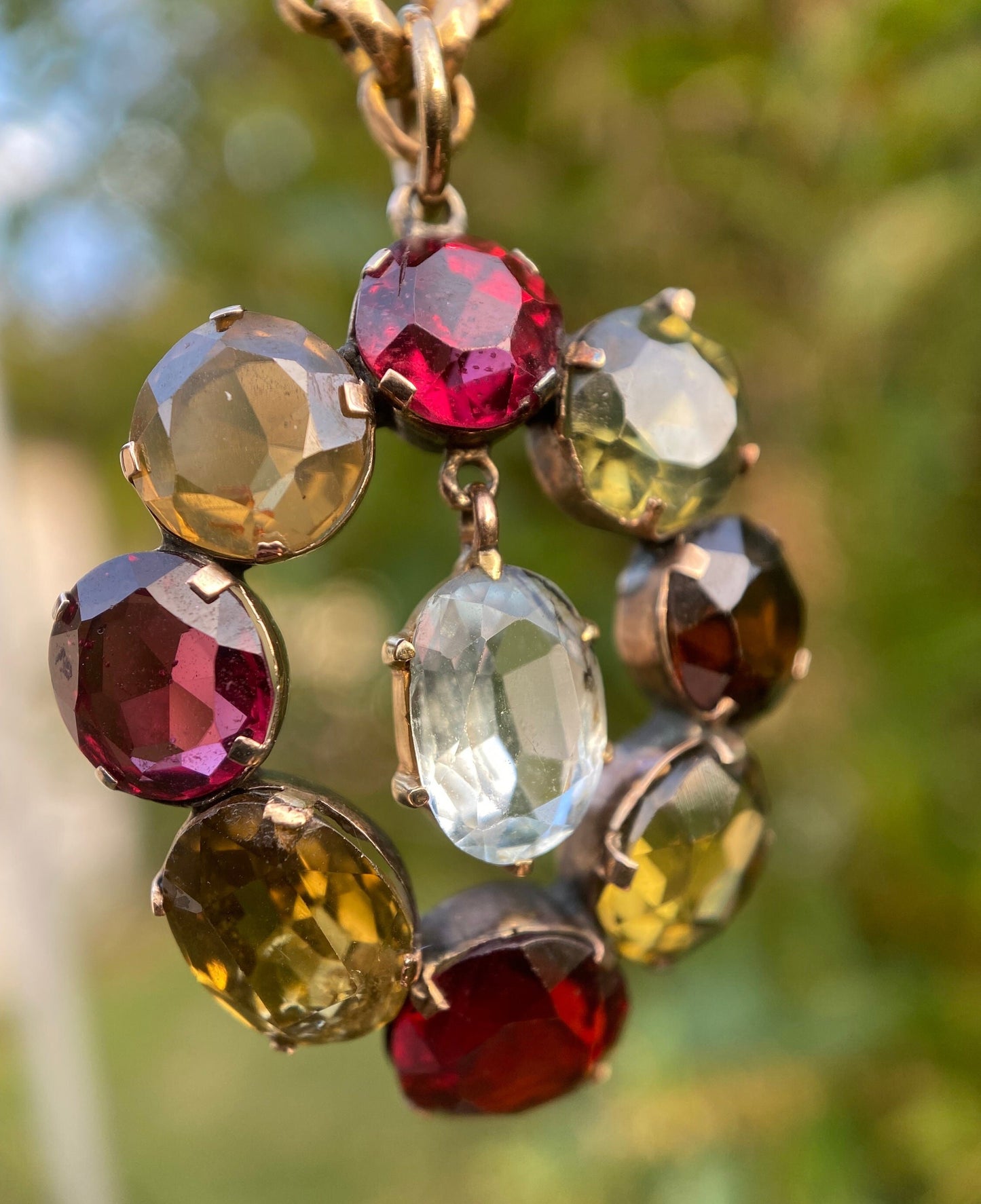 Antique Victorian Harlequin Pear-Shaped Cluster & Dangle Pendant in 9k Gold, Drop, Charm, Multi-Gemstone, Teardrop, Multi-Color, Open Backed