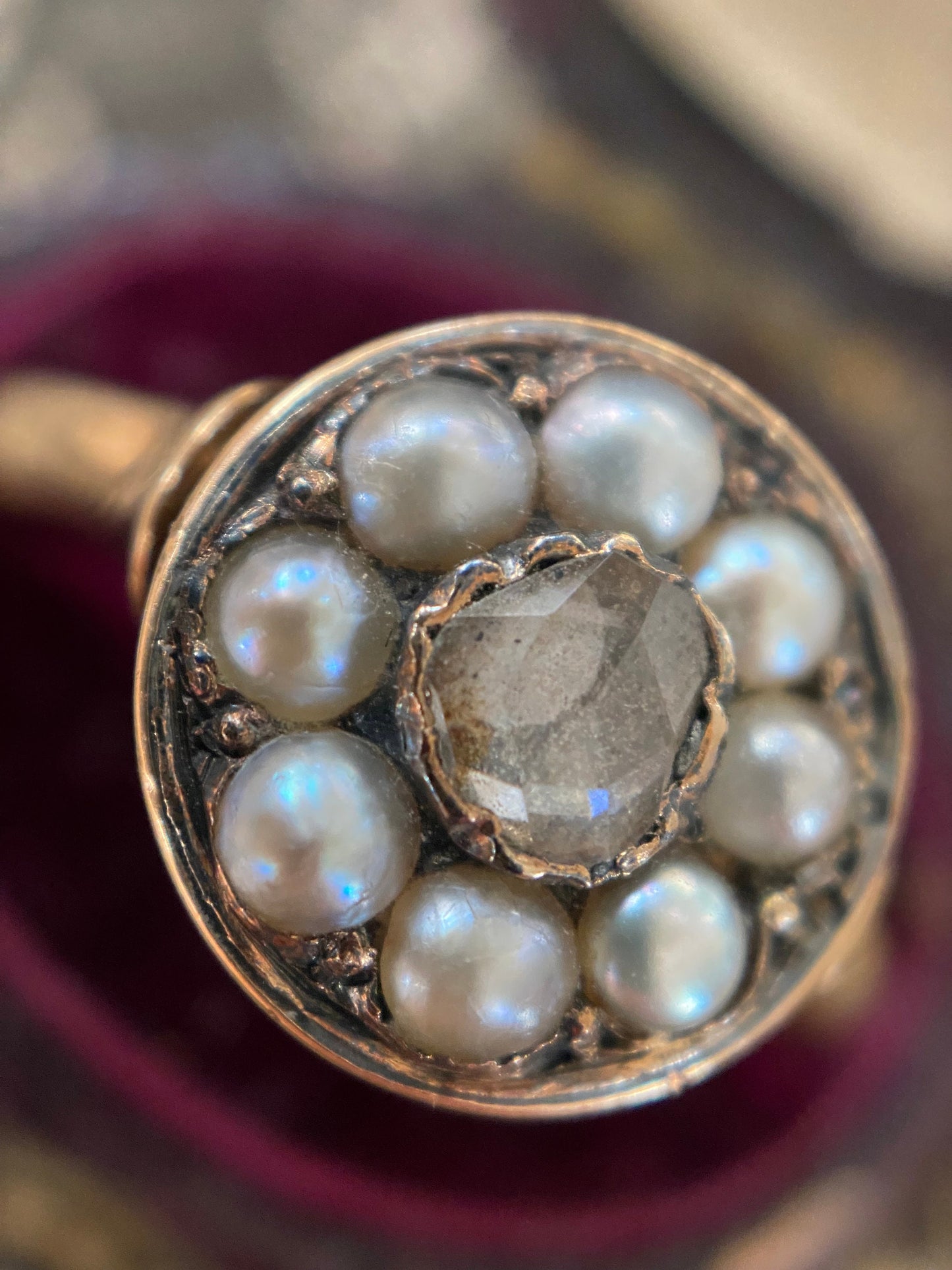 Antique Georgian Rose Cut Diamond and Seed Pearl Surround Cluster Ring in 14k Gold, Target
