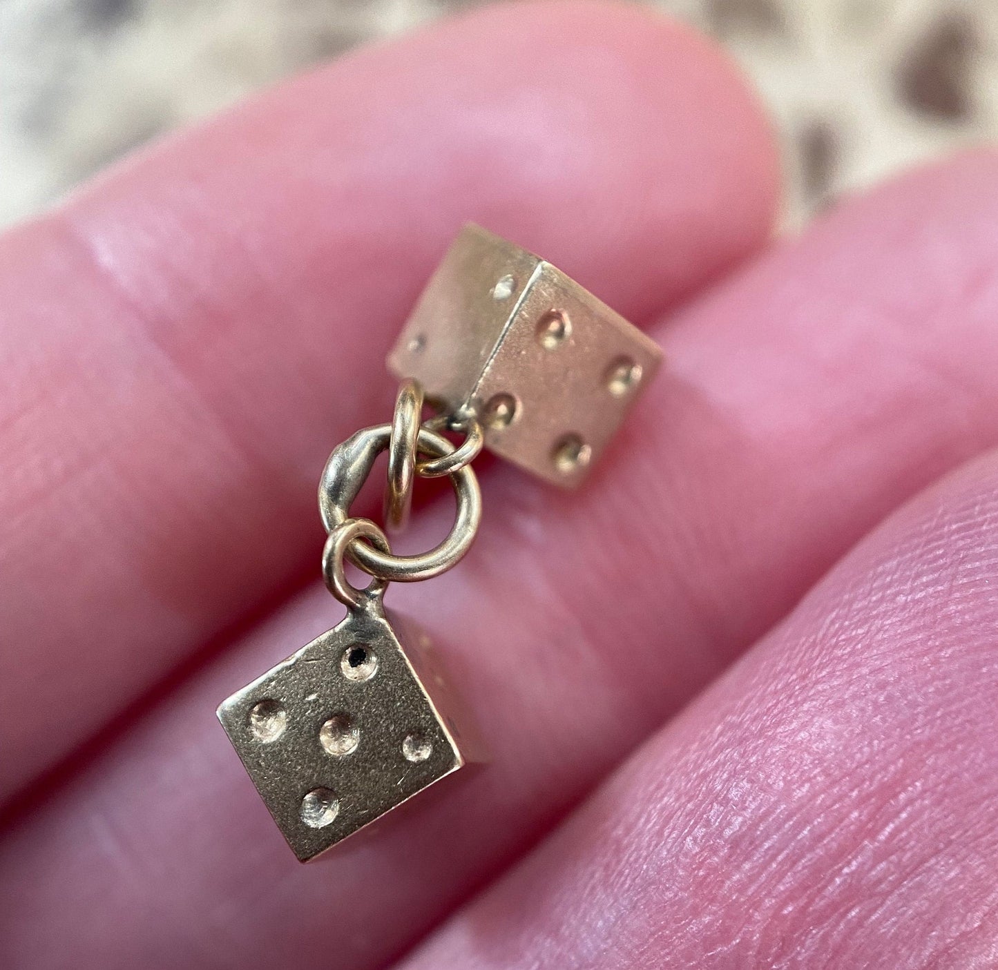 Vintage Hanging Miniature Lucky Pair of Dice Charm in 14k Gold c. 1970, 3D, Three Dimensional, 1970's, 1900's
