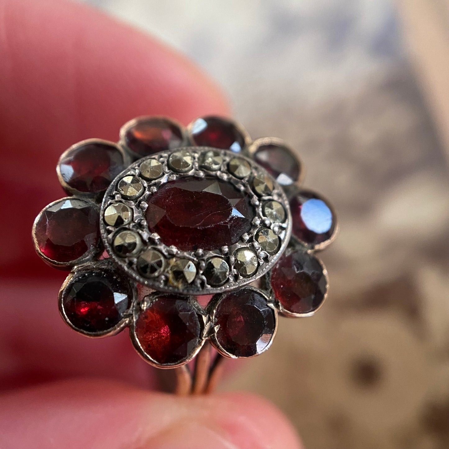 Antique Georgian Flat Cut Garnet & Marcasite Double Halo Cluster Ring in 9k Gold c. 1800, Target, 1800's, Oval, Round, Foiled, Close Backed