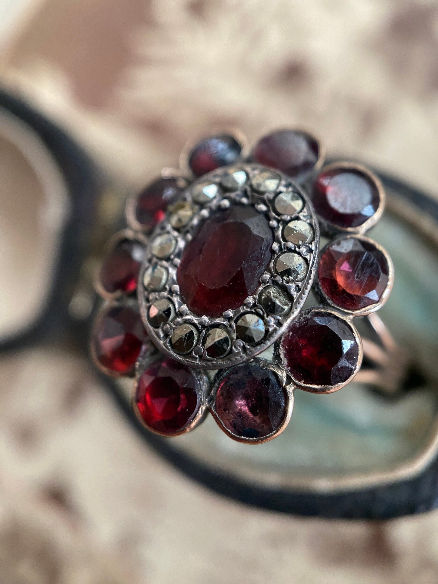 Antique Georgian Flat Cut Garnet & Marcasite Double Halo Cluster Ring in 9k Gold c. 1800, Target, 1800's, Oval, Round, Foiled, Close Backed