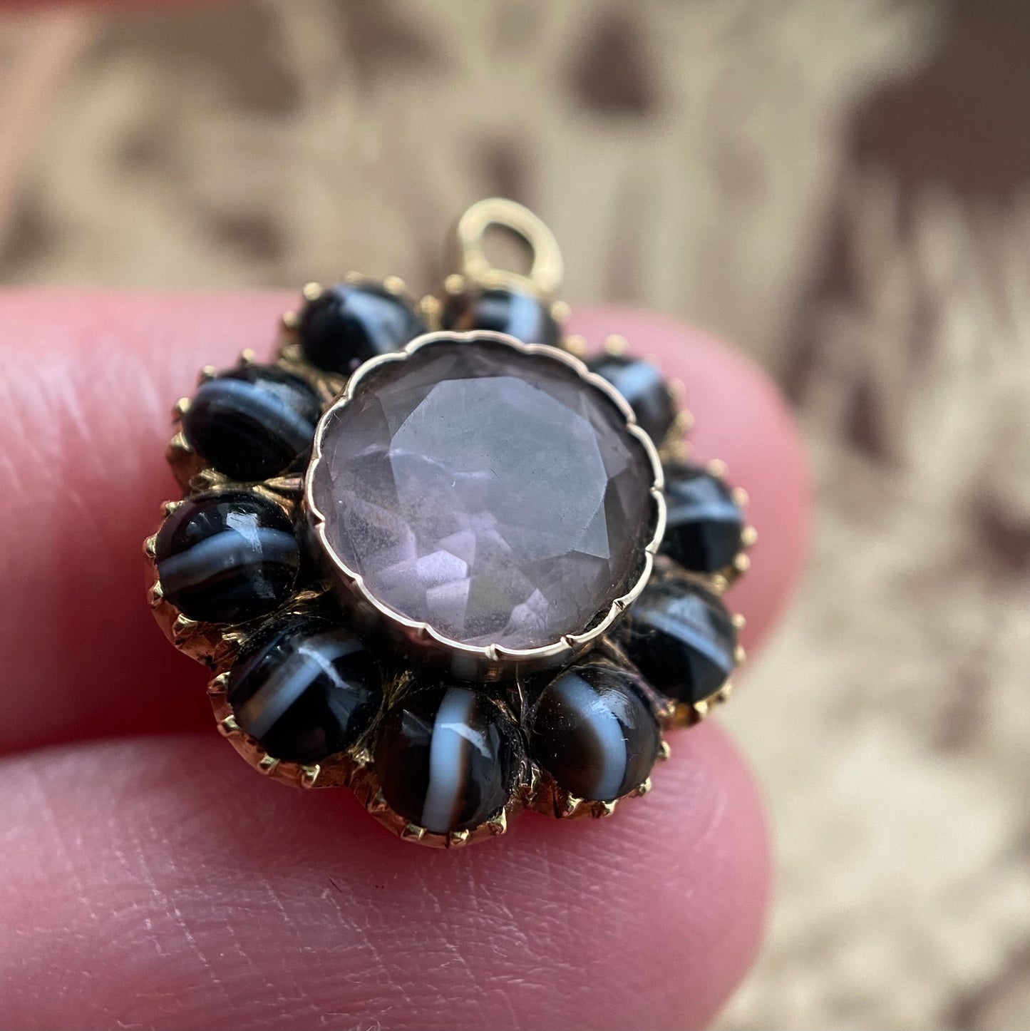 Antique Georgian Banded Agate and Rock Crystal Mourning Charm in 18k Gold, Pendant, Memorial, Memento Mori