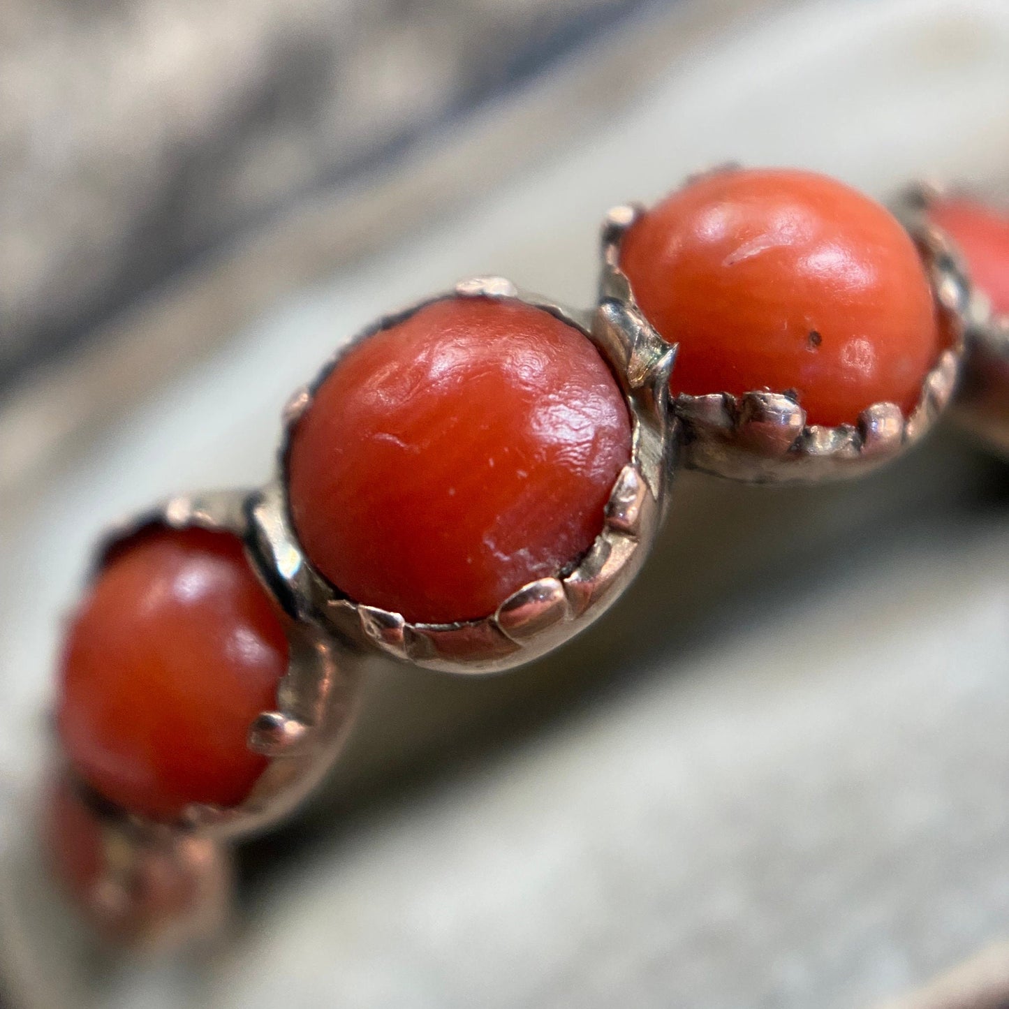 Antique Georgian Coral Half Hoop Ring in 9k Gold, Five Stone, Cabochon, 1800's, Stacking, Stackable