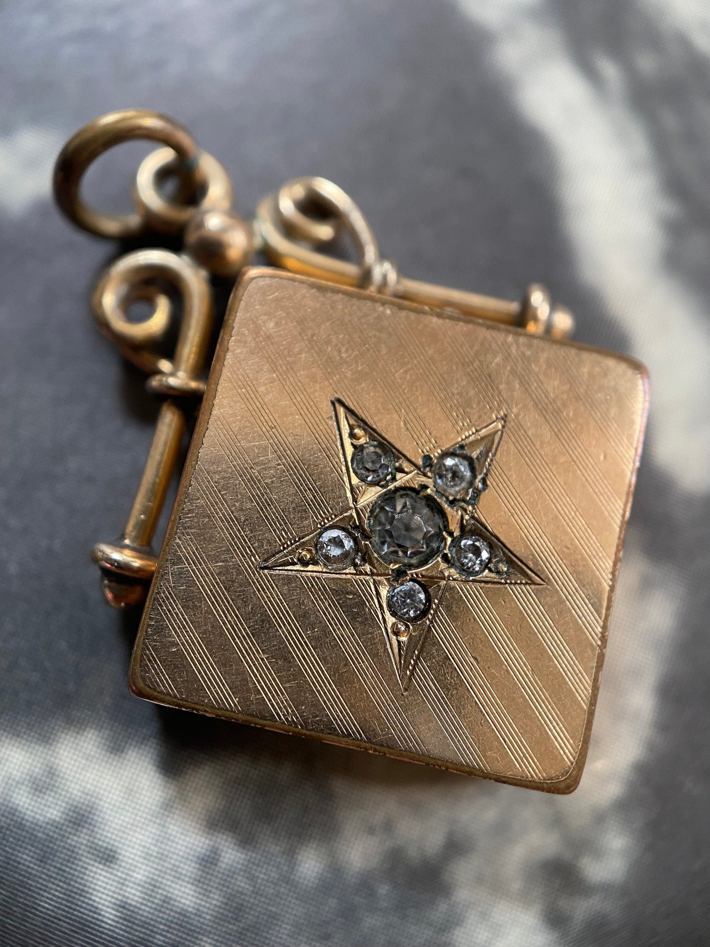 Antique Victorian American Lucky Star 14k Gold Filled Locket Fob, Starburst, Celestial, Pendant, Charm, 1800's, Paste