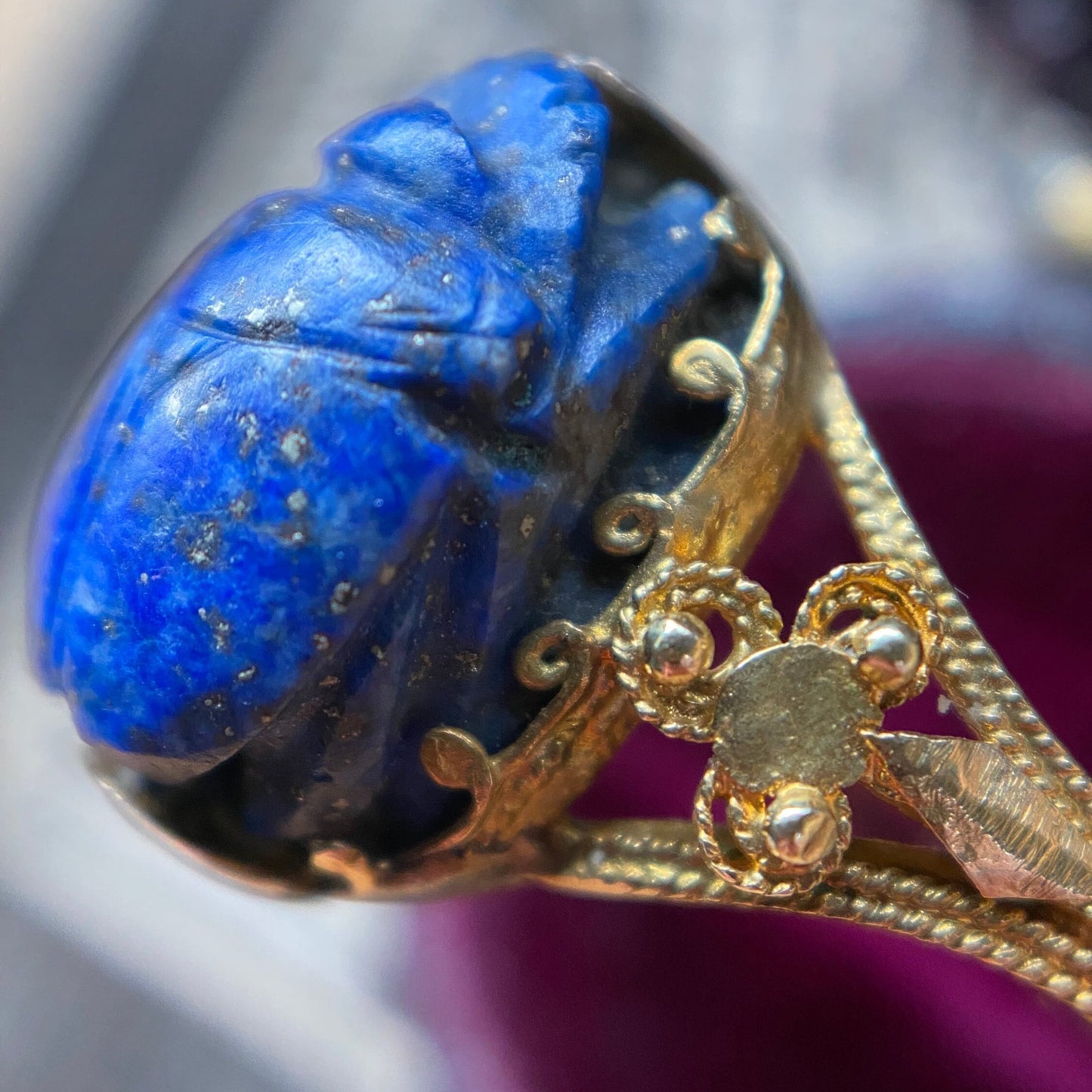 Antique Victorian Egyptian Revival Lapis Lazuli Scarab Ring in 18k Gold c. 1870, Etruscan, Archeological, 1800's, Granulation
