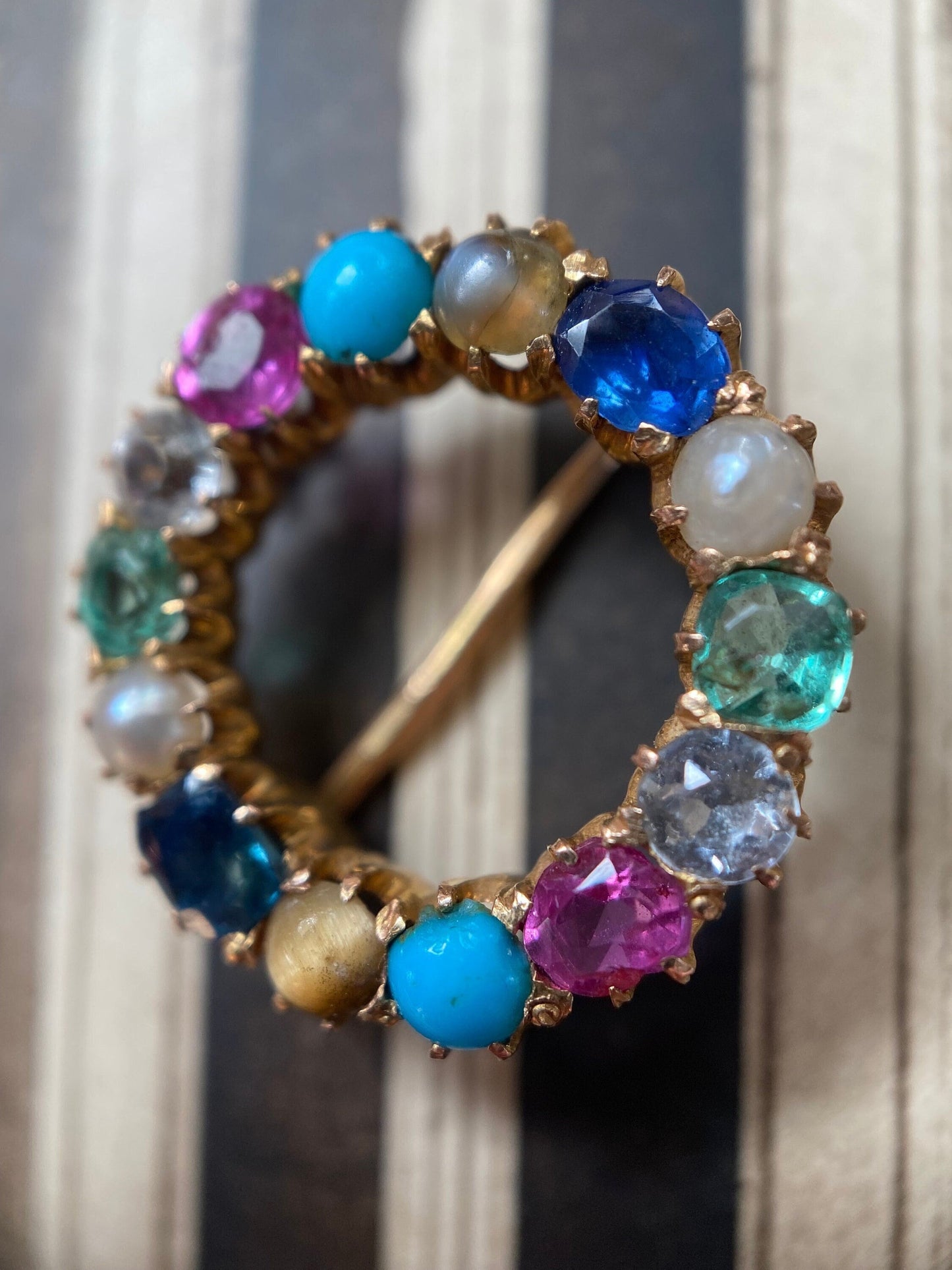 Antique Edwardian Harlequin Wreath Brooch c. 1910, Circle, Garland, Circlet, Round, Multi-Gemstone, 1900's, Belle Epoque
