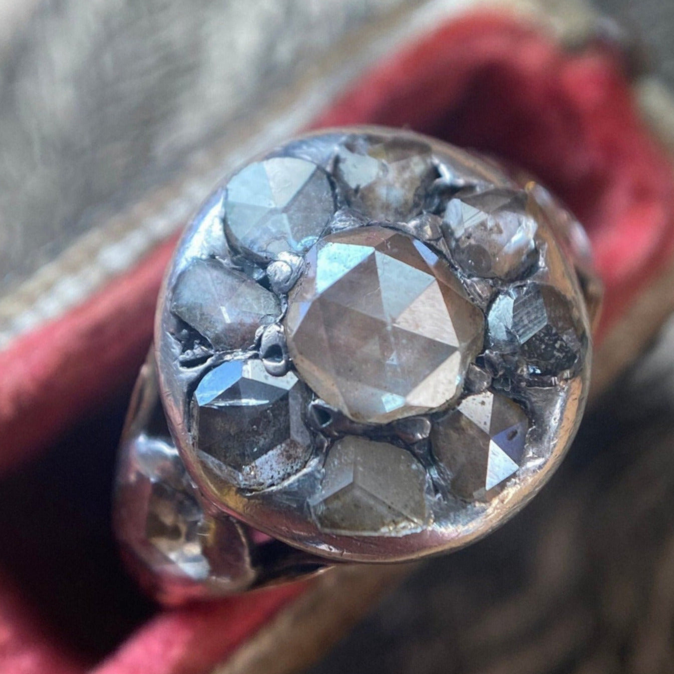 Antique Georgian Foiled Rose Cut Diamond Cluster Ring with Floral Engraved Verso in Silver & 14k Gold c. 1790, Target, Flower, 1700's