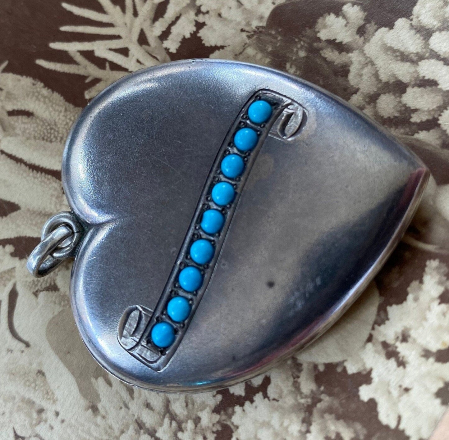 Antique Edwardian Oversized Double-Sided Silver Heart Locket with Turquoise and Date Engraving c. 1900, Pendant, Art Deco, Love Token