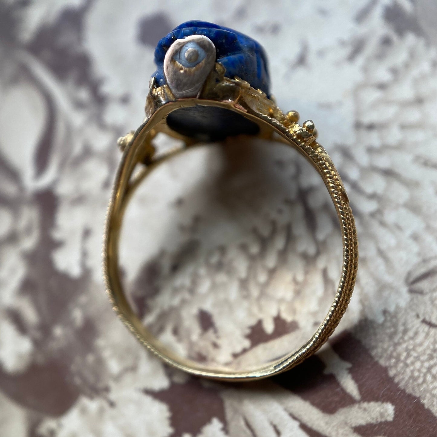 Antique Victorian Egyptian Revival Lapis Lazuli Scarab Ring in 18k Gold c. 1870, Etruscan, Archeological, 1800's, Granulation