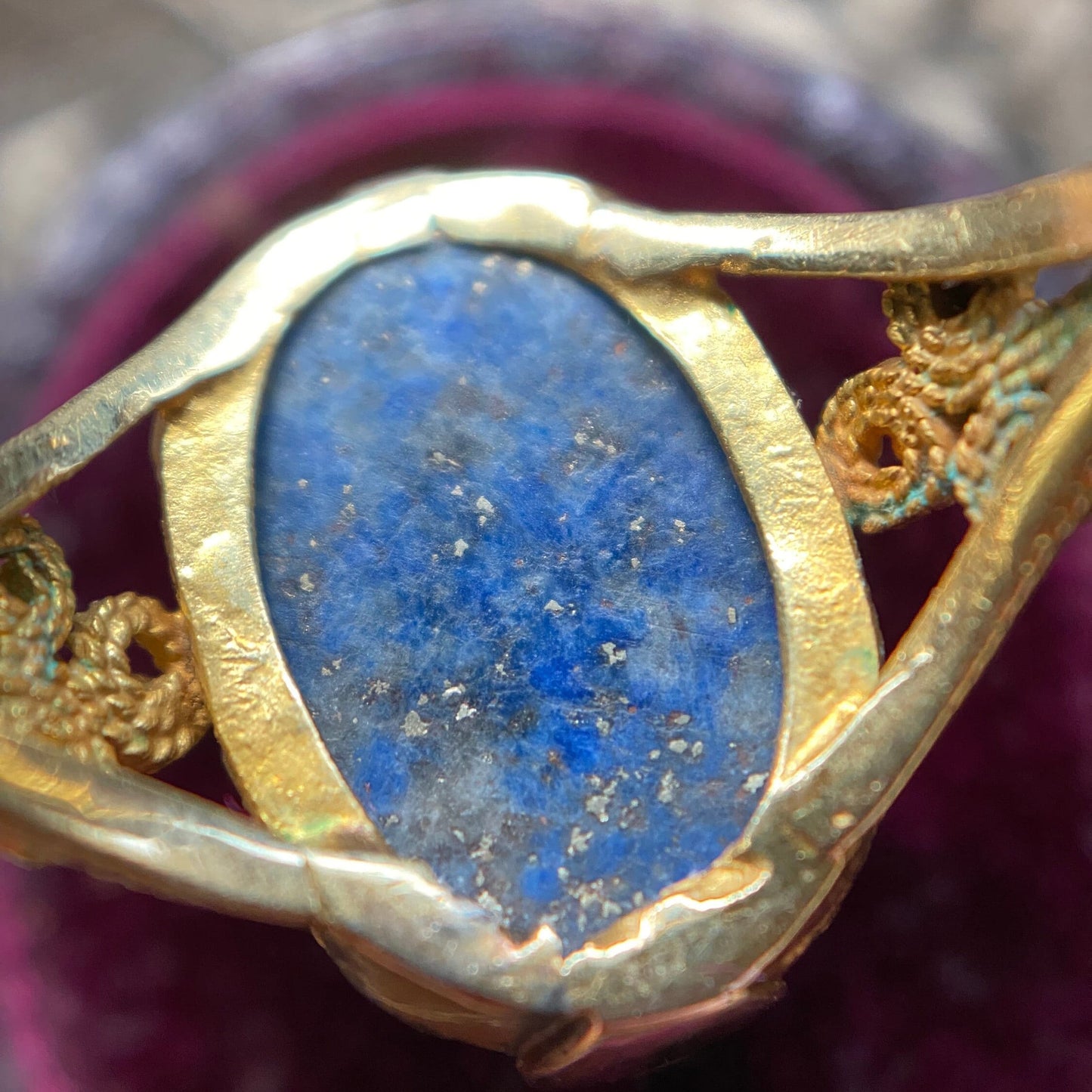 Antique Victorian Egyptian Revival Lapis Lazuli Scarab Ring in 18k Gold c. 1870, Etruscan, Archeological, 1800's, Granulation