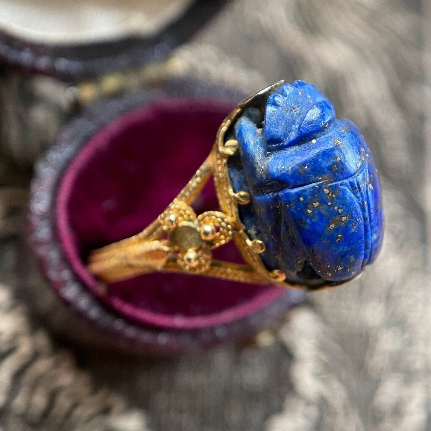 Antique Victorian Egyptian Revival Lapis Lazuli Scarab Ring in 18k Gold c. 1870, Etruscan, Archeological, 1800's, Granulation