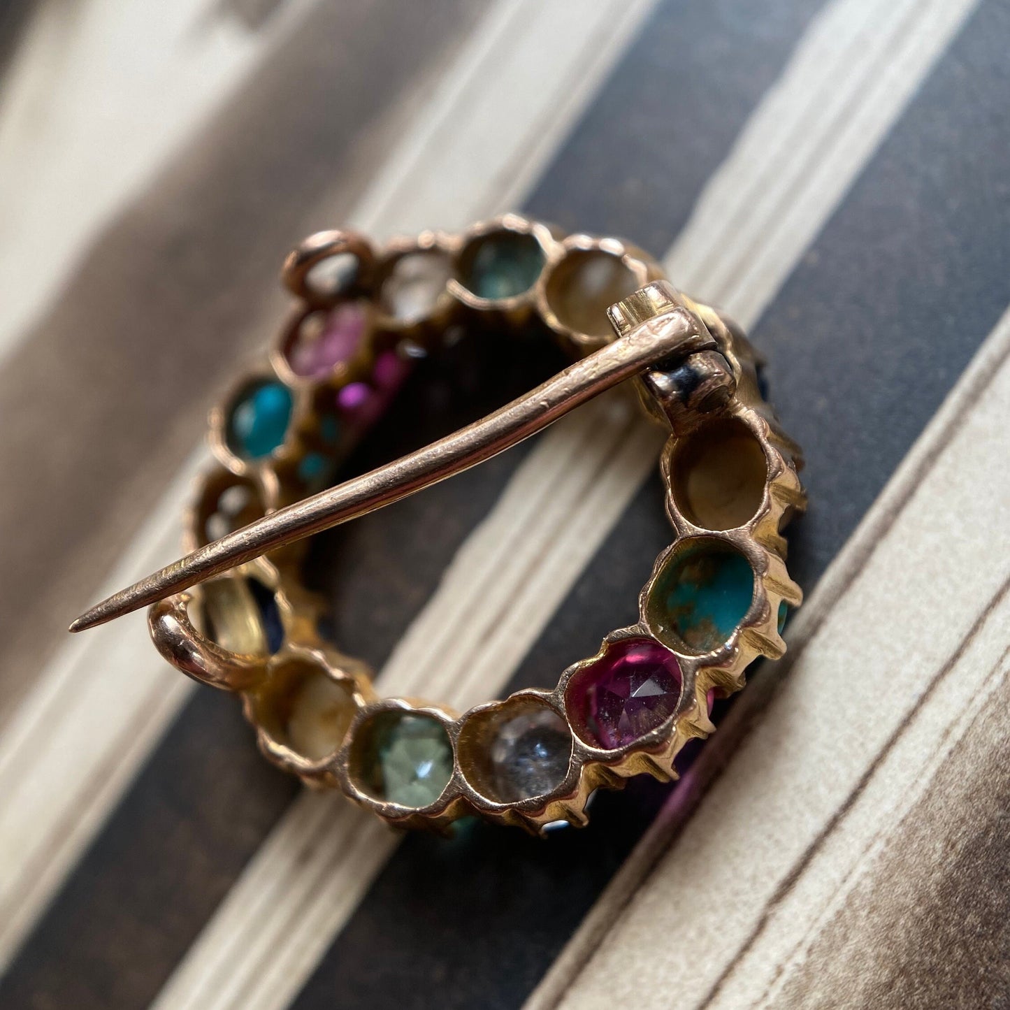 Antique Edwardian Harlequin Wreath Brooch c. 1910, Circle, Garland, Circlet, Round, Multi-Gemstone, 1900's, Belle Epoque