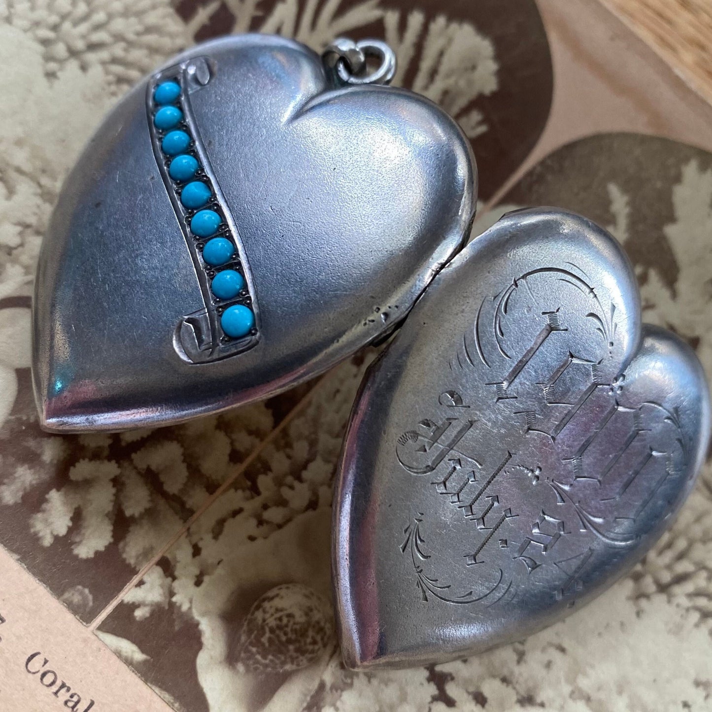 Antique Edwardian Oversized Double-Sided Silver Heart Locket with Turquoise and Date Engraving c. 1900, Pendant, Art Deco, Love Token