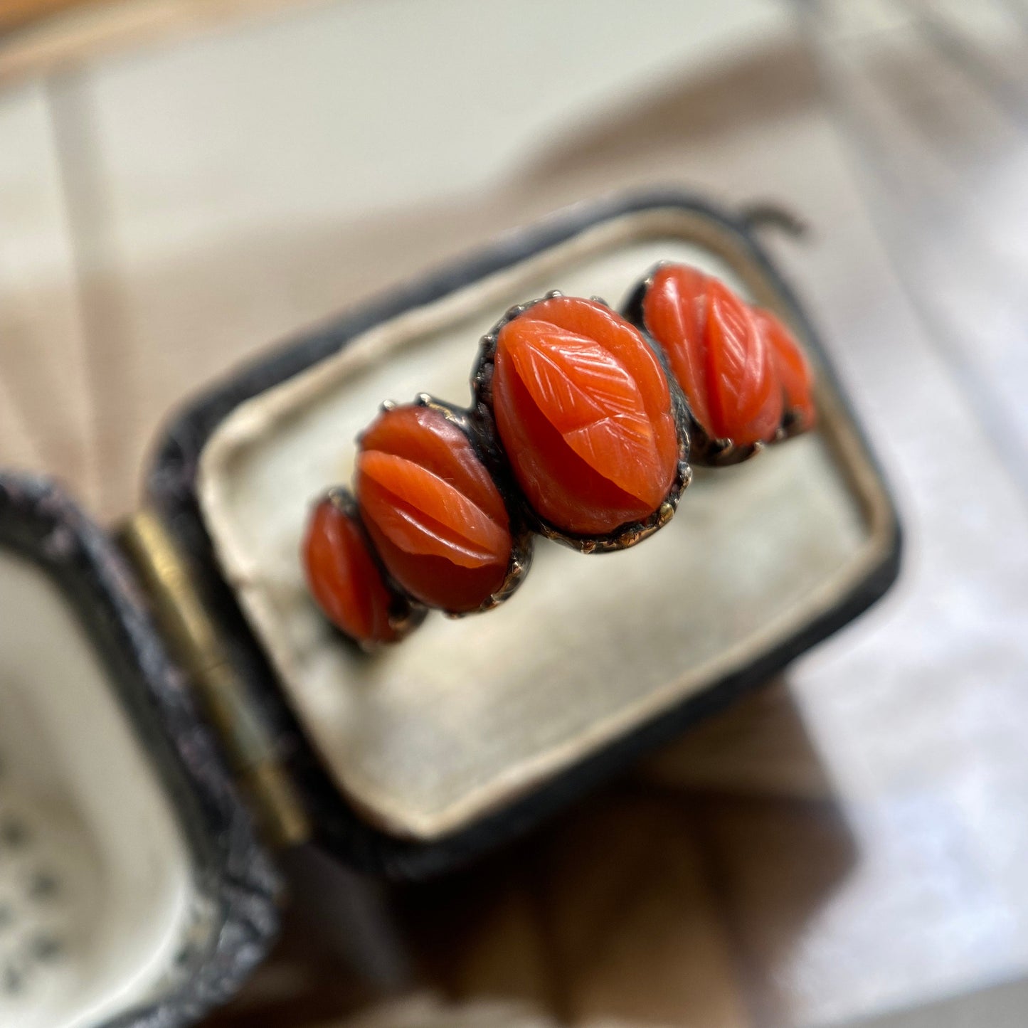 Antique Georgian Five Stone Oval Carved Coral Half Hoop Ring with Leaf Motif in Silver and 9k Gold c. 1820, Regency, English