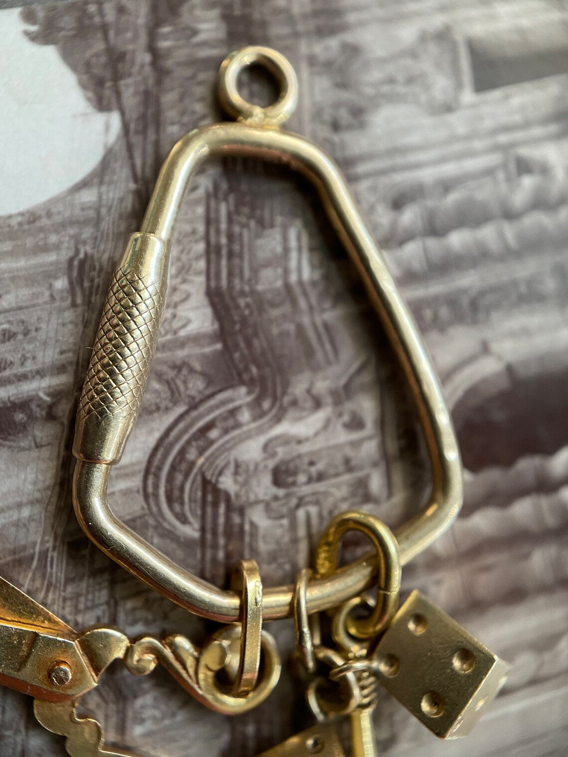 Vintage Triangular Coffin Carabiner Lock Pendant in 14k Gold c. 1980, Chain Extender, Charm Holder, 1980's, Key Chain, Connector