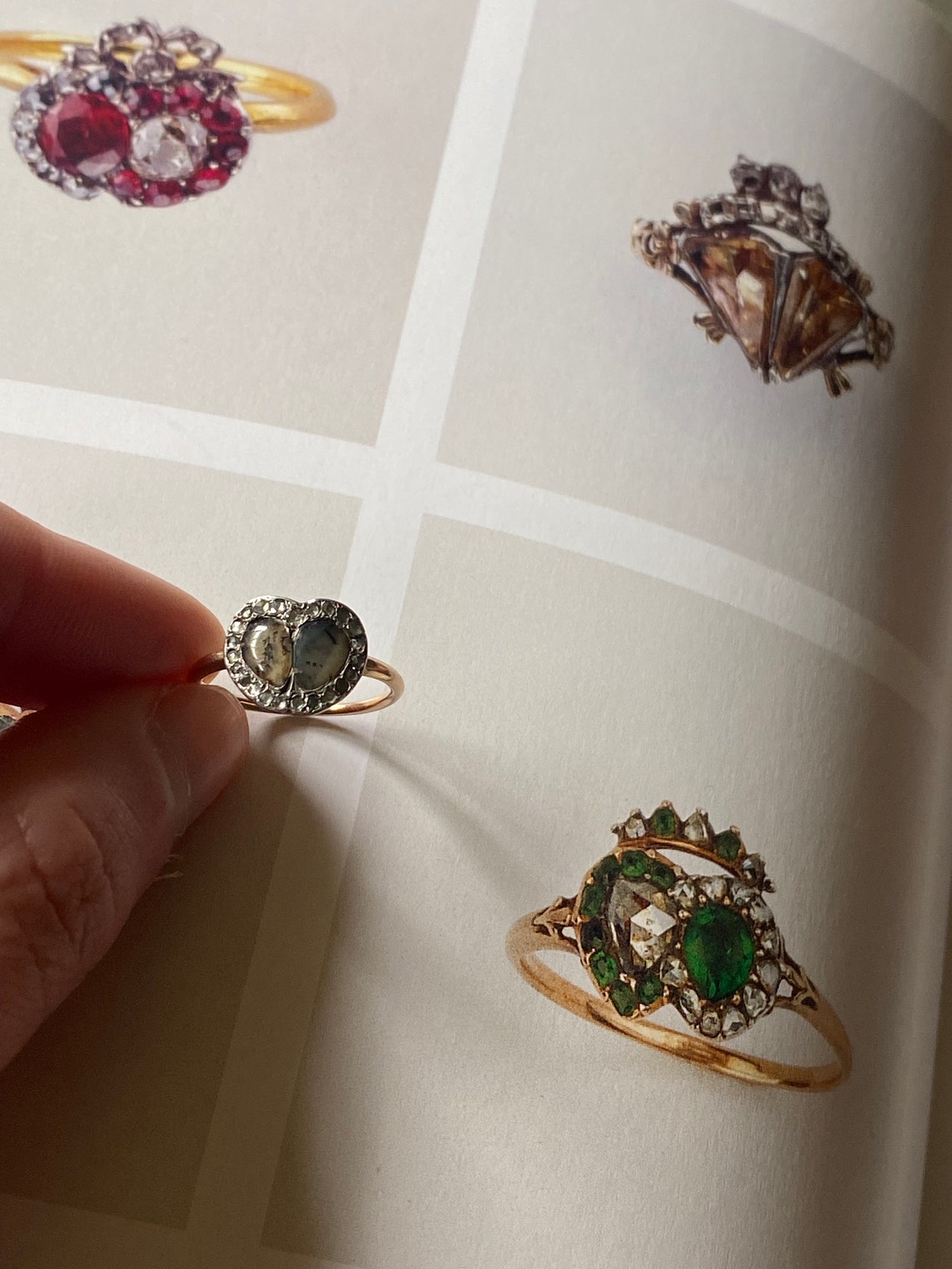 Antique Georgian Double Dendritic Agate Heart and Diamond Surround Betrothal Ring c. 1780 in 9k Gold & Silver, 1700's, Engagement, Amatory, Love Token