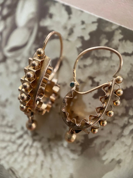 Antique Victorian French Regional Ball & Rivet Briquet Poissarde Earrings in 18k Gold c. 1850, Poissardes Hoops, Drop, Dangle, 1800s, Dainty, Sleepers