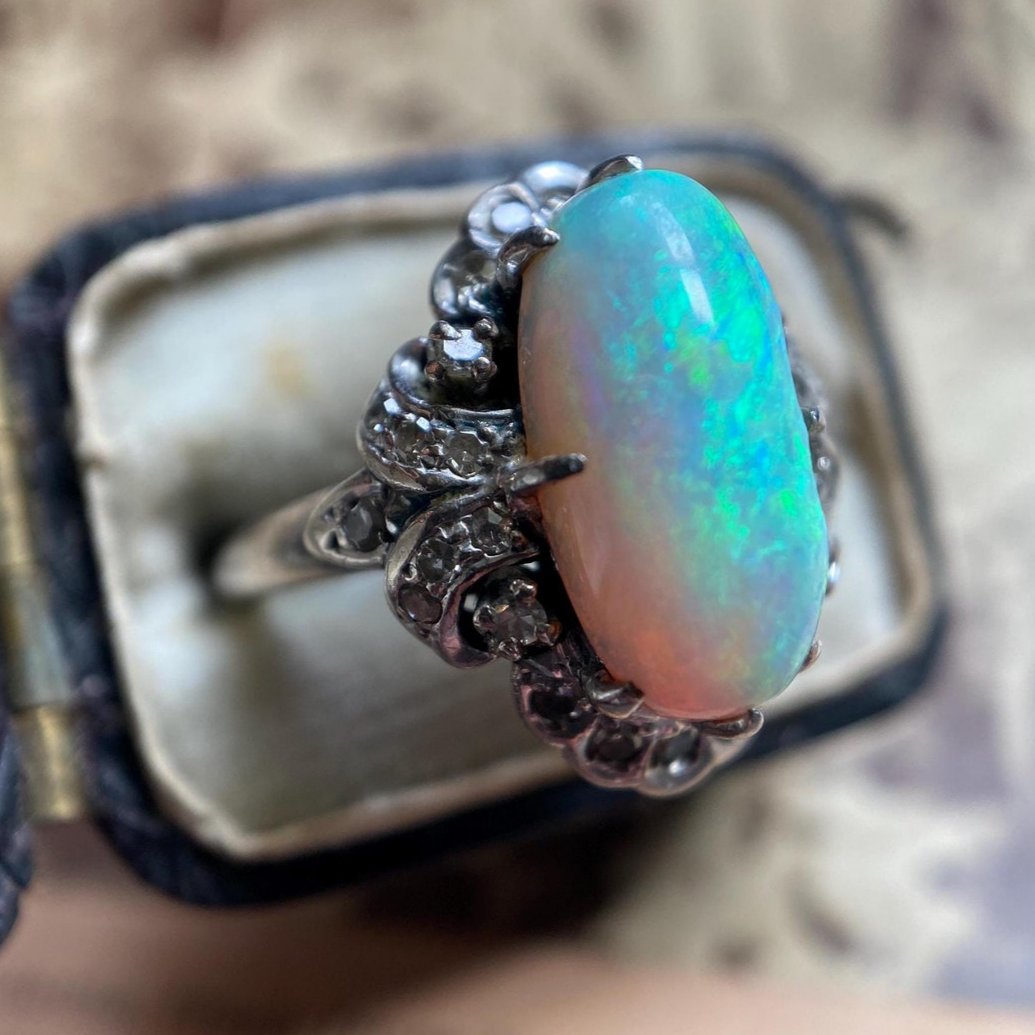 Antique Art Deco Oval Opal and Diamond Mount Dinner Ring in 18k White Gold c. 1920, Cluster, 1900's, Belle Epoque, Diamonds, Surround, HaloEdwardian, Cluster