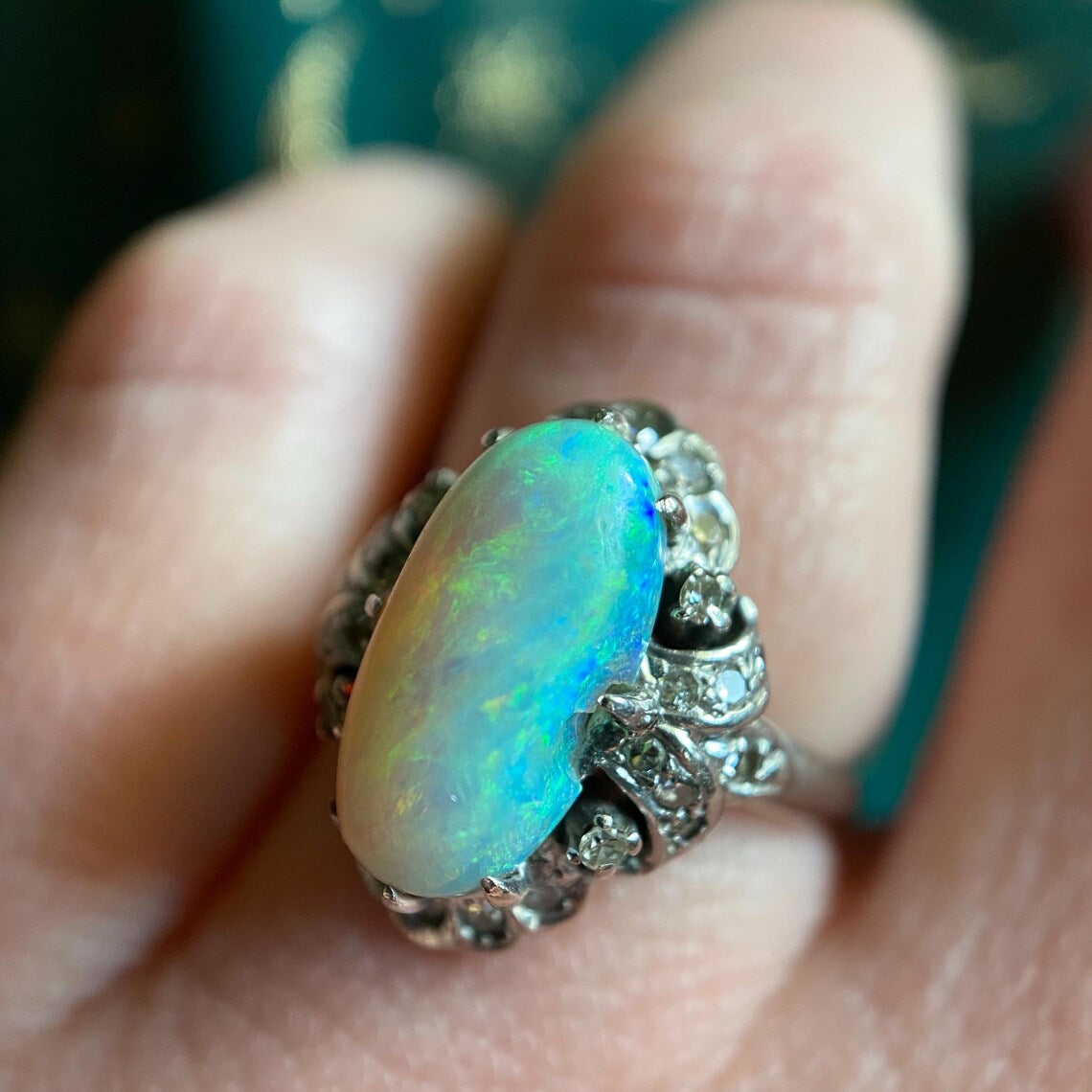 Antique Art Deco Oval Opal and Diamond Mount Dinner Ring in 18k White Gold c. 1920, Cluster, 1900's, Belle Epoque, Diamonds, Surround, HaloEdwardian, Cluster