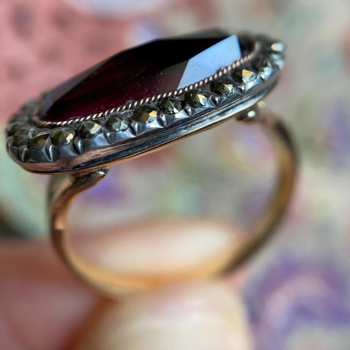 Antique Georgian French Oval Long Lozenge Foiled Garnet Paste with Marcasite Halo Ring in Silver and 18k Gold, 18th c, Cluster, Surround, Faceted